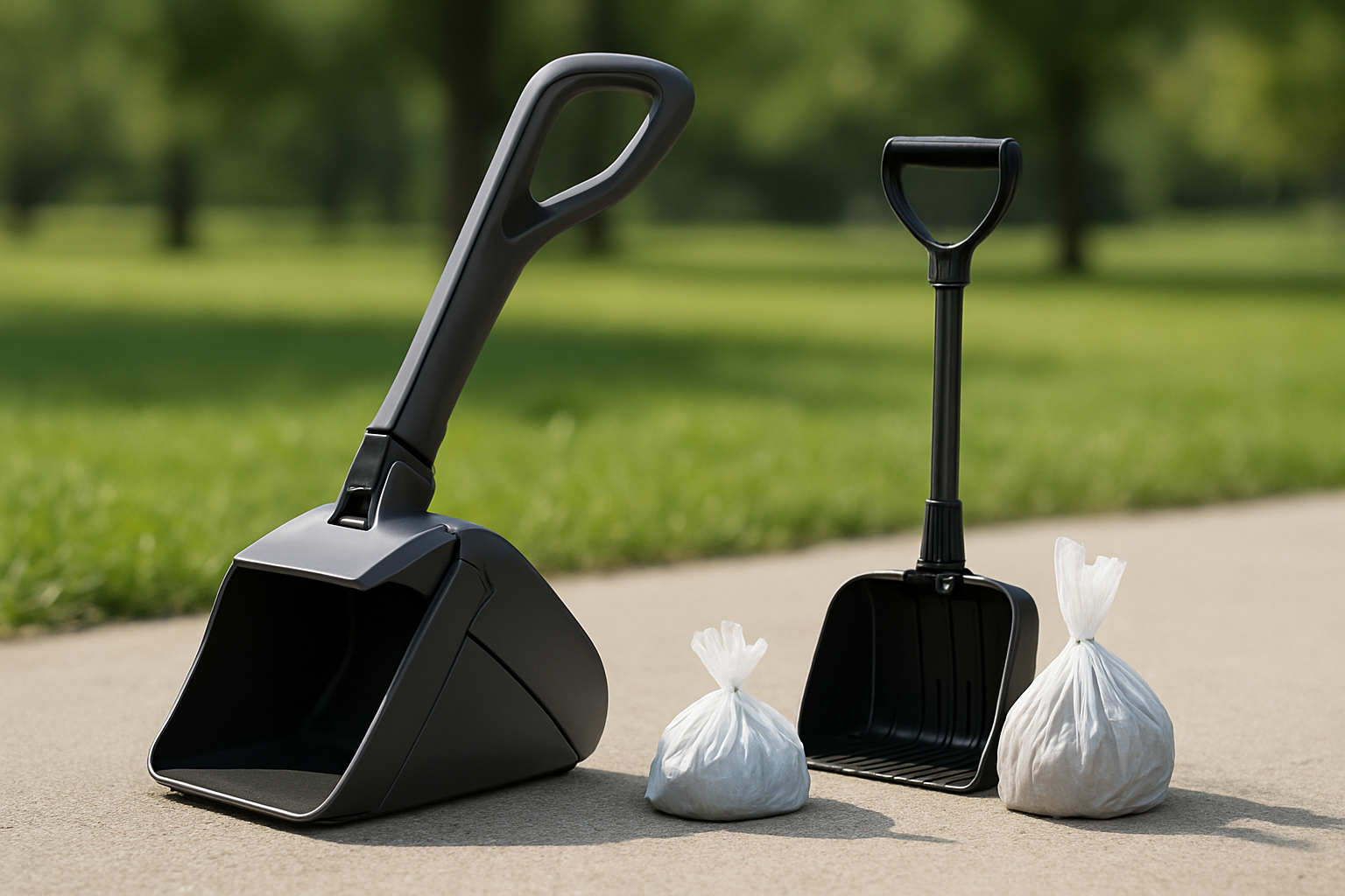 Create a realistic image of a modern innovative dog waste cleanup tool with sleek design positioned next to traditional cleanup methods including basic plastic bags and an old-fashioned pooper scooper on a clean outdoor surface, showing clear contrast between the advanced tool's efficient mechanism and the outdated conventional methods, with bright natural daylight illuminating the scene to highlight the superior functionality and design differences, set against a blurred park background with green grass, absolutely NO text should be in the scene.