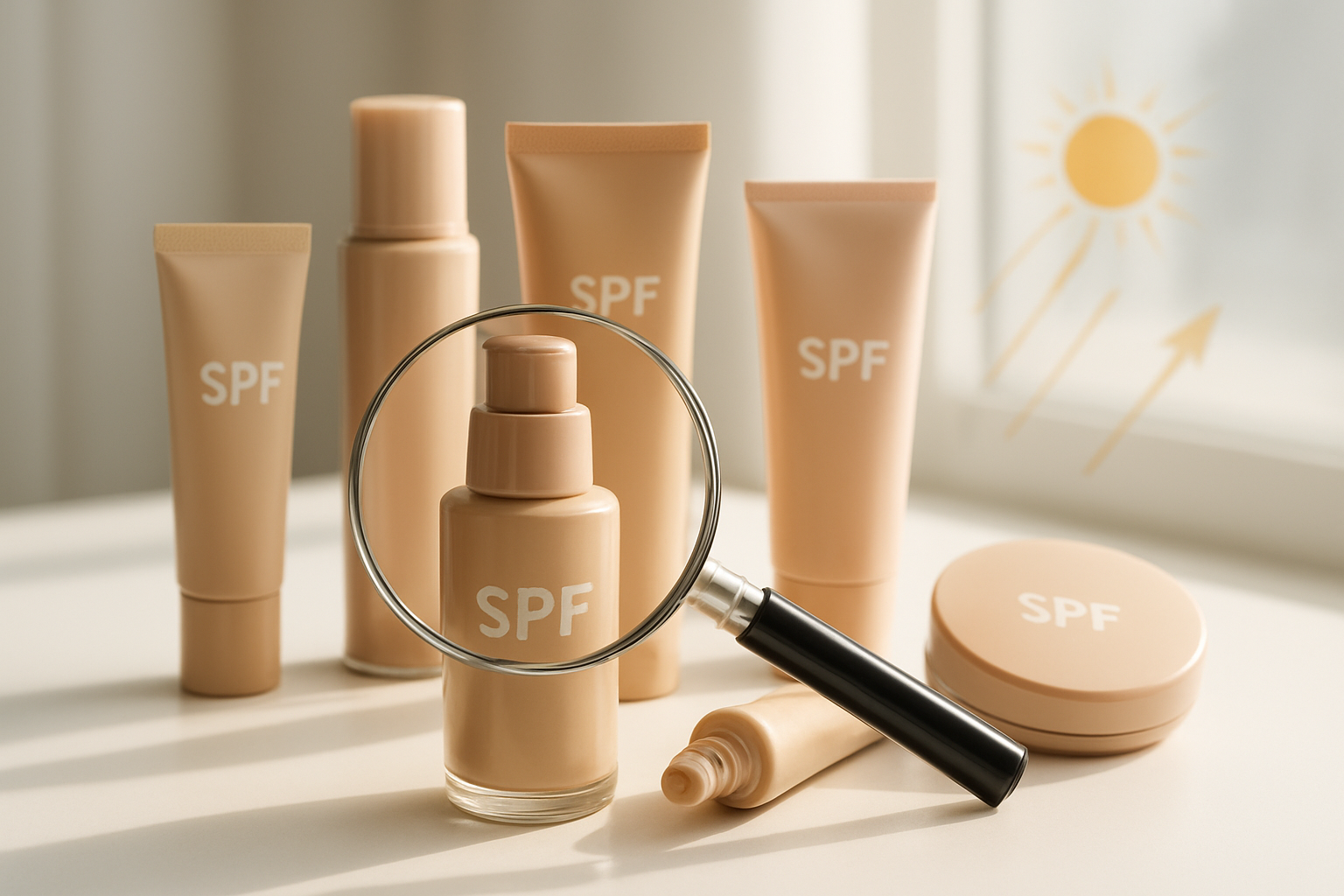 Create a realistic image of various makeup products with SPF including foundation bottles, BB creams, and tinted moisturizers arranged on a clean white vanity surface, with some products showing their SPF labels, alongside a UV radiation diagram or sun rays filtering through a window in the background, soft natural lighting illuminating the scene to emphasize the sun protection theme, with a magnifying glass positioned over one makeup product to suggest scrutiny or examination of SPF effectiveness, absolutely NO text should be in the scene.