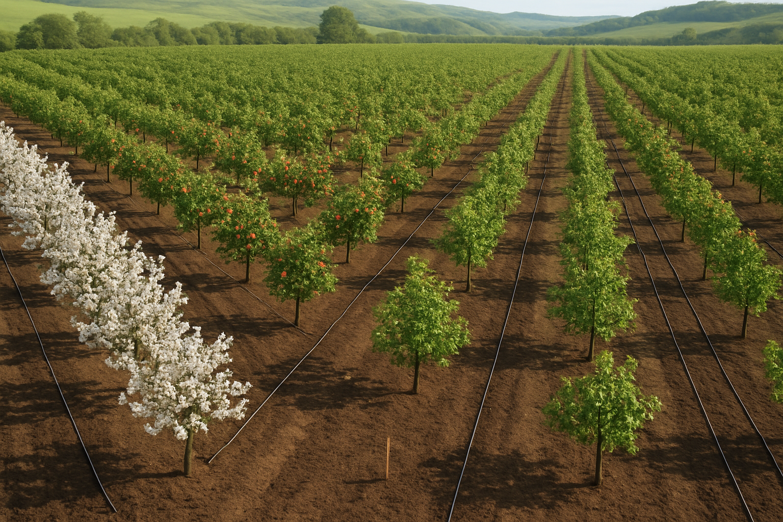 Create a realistic image of a bird's eye view of a well-planned fruit orchard layout showing organized rows of different fruit trees including apple, pear, and cherry trees at various stages of growth, with clear pathways between sections, proper spacing for equipment access, some trees with blossoms and others with fruit, rich brown soil visible between tree rows, irrigation lines running along the pathways, a few wooden stakes marking planting positions, rolling green hills in the background, soft natural daylight creating gentle shadows, demonstrating efficient space utilization and systematic agricultural planning. Absolutely NO text should be in the scene.
