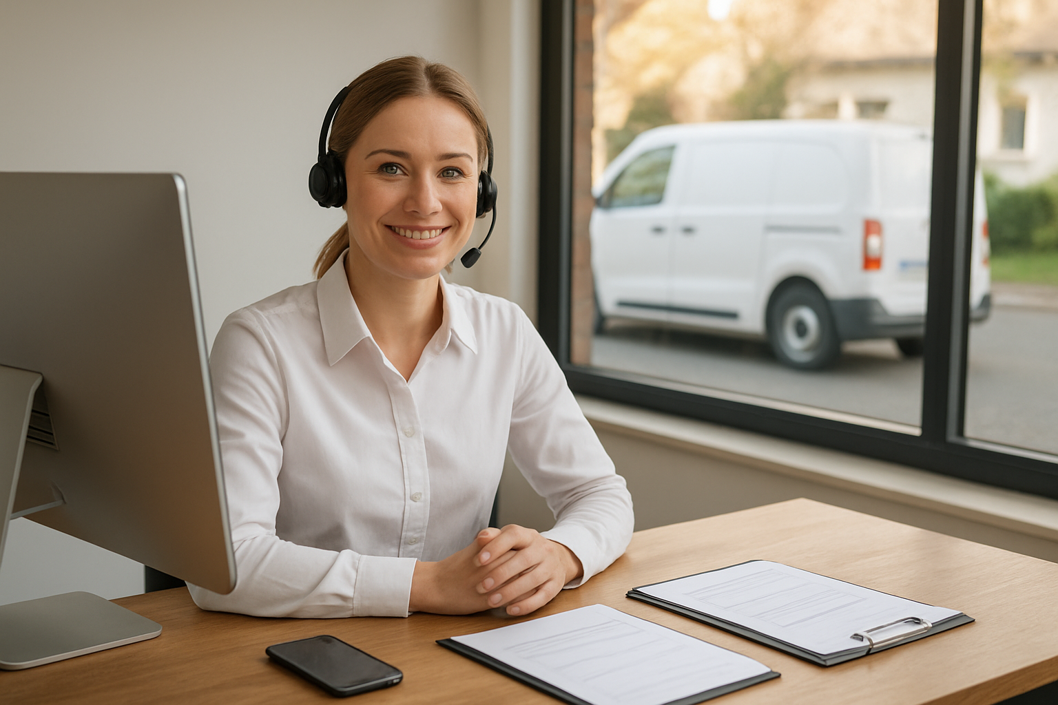 Create a realistic image of a professional white female customer service representative sitting at a modern desk with a computer, smartphone, and clipboard showing a simple registration form, while in the background through a large window you can see a clean white van parked outside a residential area, with warm natural lighting creating a welcoming and professional atmosphere that conveys trust and accessibility for starting a monthly pickup service, absolutely NO text should be in the scene.