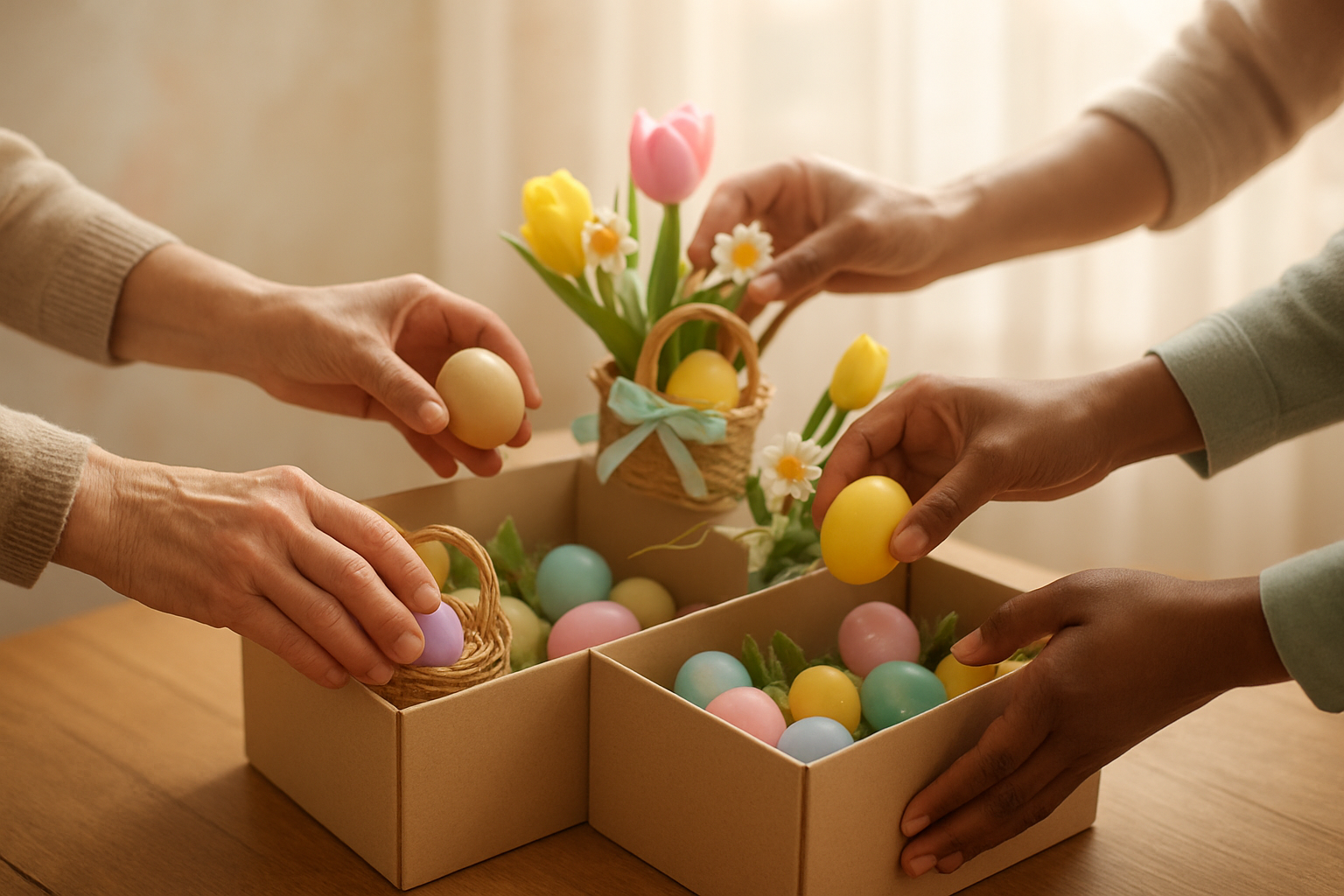 Create a realistic image of diverse hands of different ages and ethnicities gently placing colorful Easter eggs, spring flowers, and small gift baskets into donation boxes, with soft natural lighting filtering through a window, creating a warm and compassionate atmosphere that conveys generosity and community spirit, with pastel spring colors in the background and absolutely NO text should be in the scene.