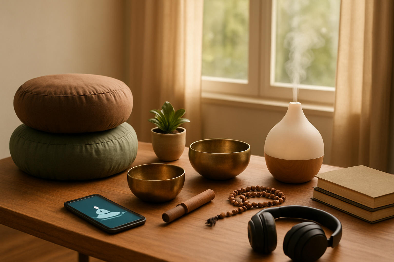 Create a realistic image of a serene meditation space featuring various helpful meditation tools and resources laid out on a wooden table, including meditation cushions, singing bowls, essential oil diffusers with gentle steam, meditation books, smartphone with meditation app visible on screen, noise-canceling headphones, prayer beads, and a small potted plant, set against a peaceful background with soft natural lighting streaming through a window, creating a calm and inviting atmosphere for meditation practice and continued growth, absolutely NO text should be in the scene.