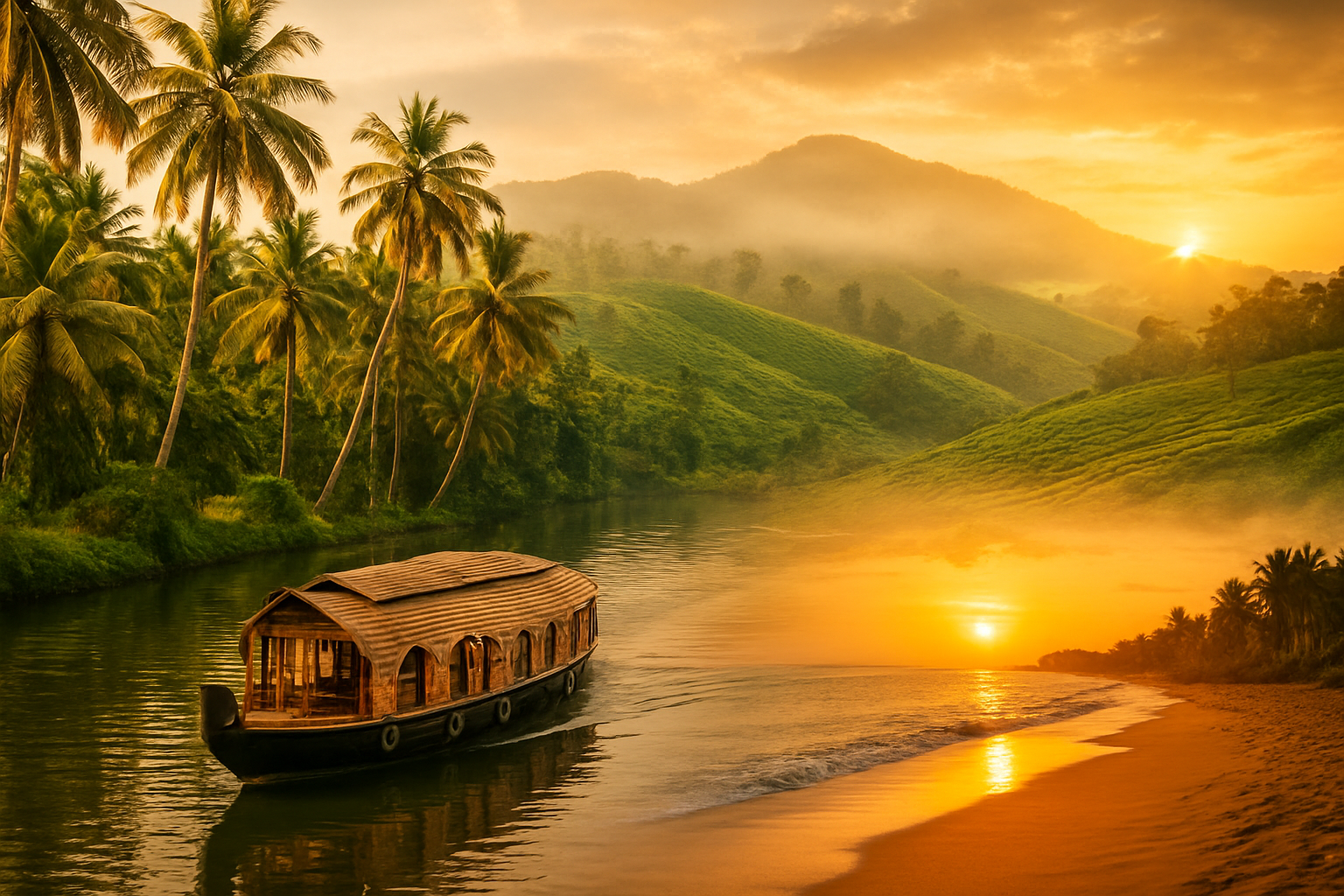 realistic image of a stunning collage-style scene showcasing the best of Kerala, featuring a serene backwater canal with a traditional houseboat gliding through lush green palm-lined waterways, a misty tea plantation on rolling hills in Munnar, and a tranquil beach with golden sands at sunset, all blended together to evoke a sense of wonder and travel excitement, with warm, golden natural lighting casting a rich, inviting glow across the entire scene, conveying the essence of a perfect five-day Kerala travel experience. Absolutely NO text should be in the scene.
