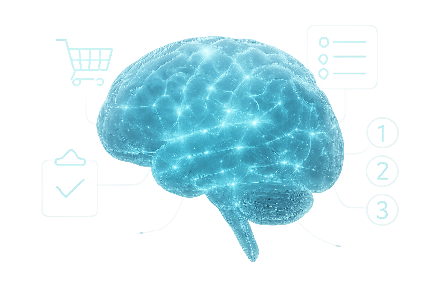 Create a realistic image of a human brain depicted as a transparent 3D model with glowing neural pathways lighting up in sequence, surrounded by floating visual representations of common list items like grocery items, to-do tasks, and numbered elements, all connected by luminous neural connections, set against a clean medical or scientific background with soft blue lighting, showing the process of memory formation and organization. Absolutely NO text should be in the scene.