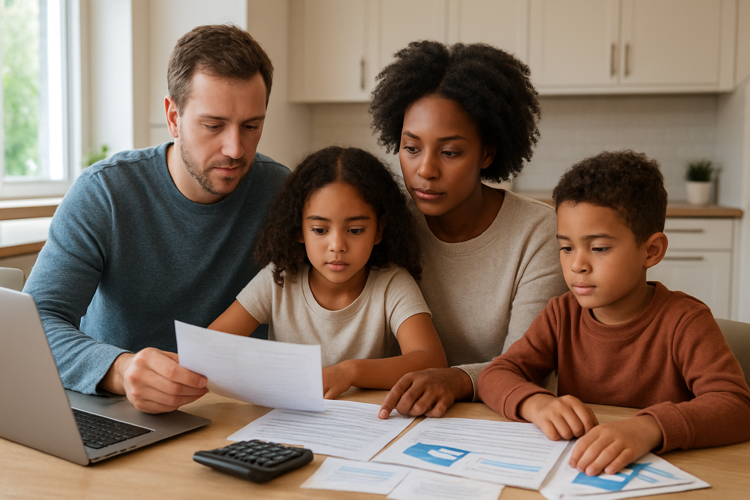 Create a realistic image of a diverse family including a white male, black female, and two children sitting at a modern kitchen table with insurance documents, calculator, and laptop computer spread out before them, with medical bills and hospital brochures visible on the table, warm natural lighting from a nearby window creating a comfortable planning atmosphere, clean contemporary home interior in the background, the family appearing focused and engaged in reviewing their healthcare options together. Absolutely NO text should be in the scene.