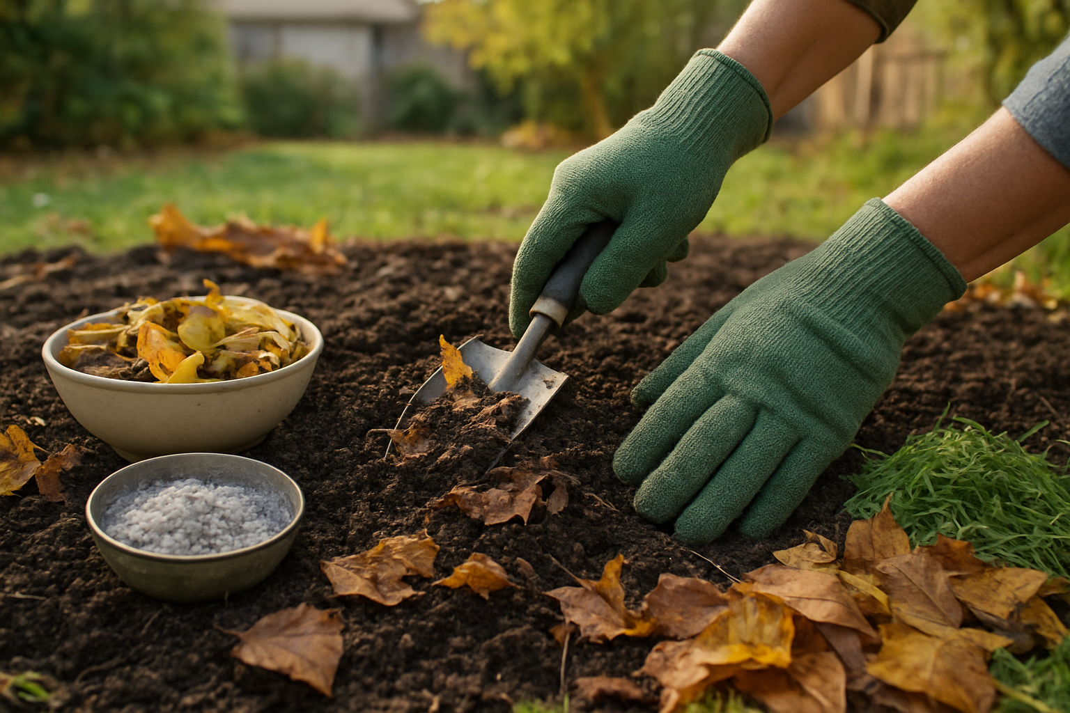 Create a realistic image of hands wearing gardening gloves working with soil in a backyard garden bed, with various free and cheap soil amendment materials scattered around including fallen autumn leaves, kitchen compost scraps, grass clippings, and wood ash in small containers, showing the process of mixing these organic materials into dark earth using a basic hand trowel, with natural daylight illuminating the scene and a residential backyard setting in the soft-focused background, absolutely NO text should be in the scene.