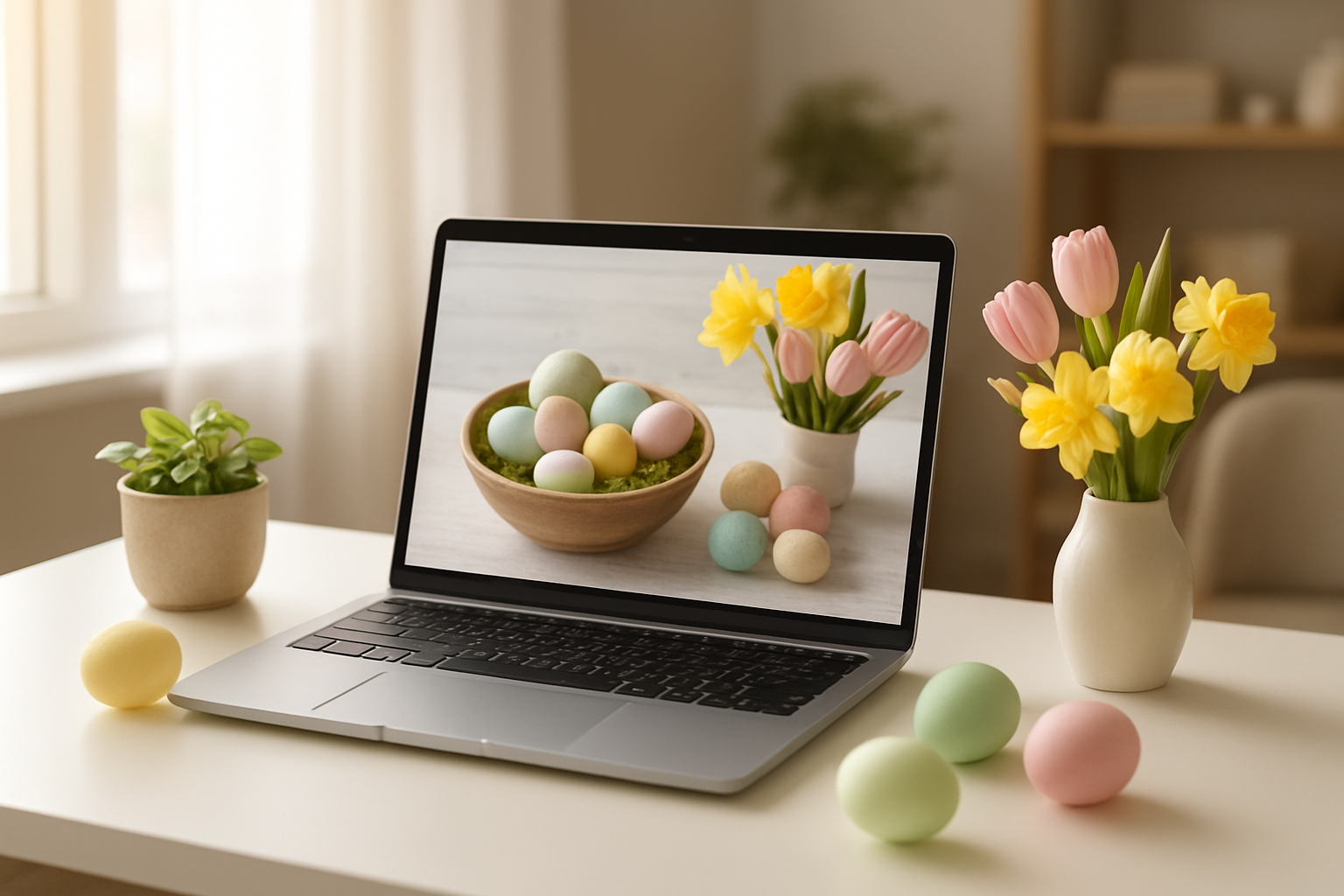 Create a realistic image of a modern laptop computer open on a clean white desk with Easter-themed blog content visible on the screen, surrounded by subtle Easter decorations including pastel colored eggs, fresh spring flowers like tulips and daffodils, and a small potted plant, with soft natural lighting streaming through a nearby window creating a warm and productive workspace atmosphere, shot from a slightly elevated angle to show the complete workspace setup, with a cozy home office background slightly blurred, conveying successful content creation and seasonal blogging, absolutely NO text should be in the scene.