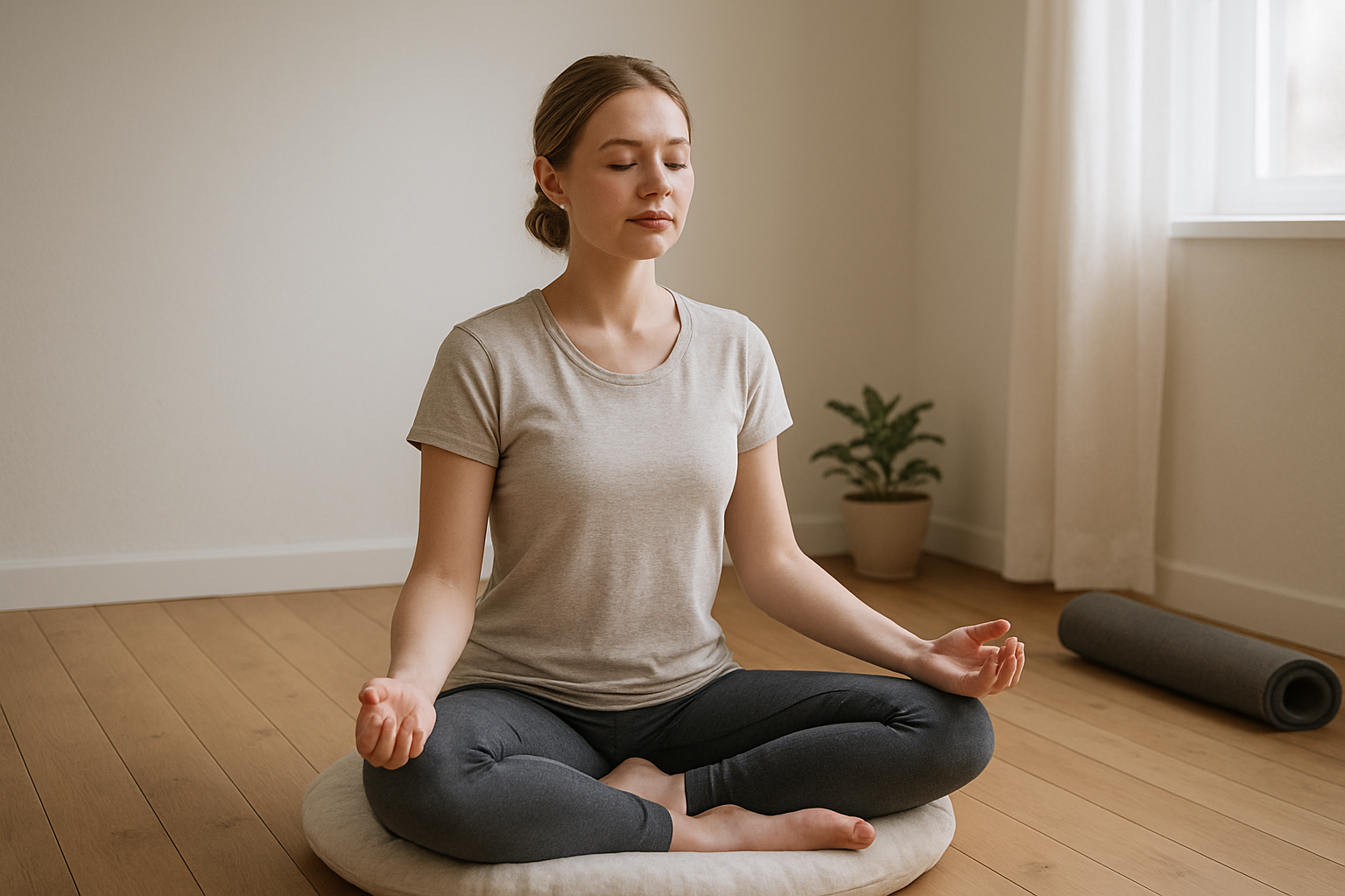 Create a realistic image of a peaceful young white female sitting cross-legged on a soft meditation cushion in a clean, minimalist room with natural wooden floors, her eyes gently closed and hands resting comfortably on her knees in a simple meditation posture, surrounded by a calm atmosphere with soft natural light filtering through a nearby window, a small potted plant and rolled yoga mat visible in the background, conveying a sense of tranquility and beginner-friendly meditation practice, absolutely NO text should be in the scene.