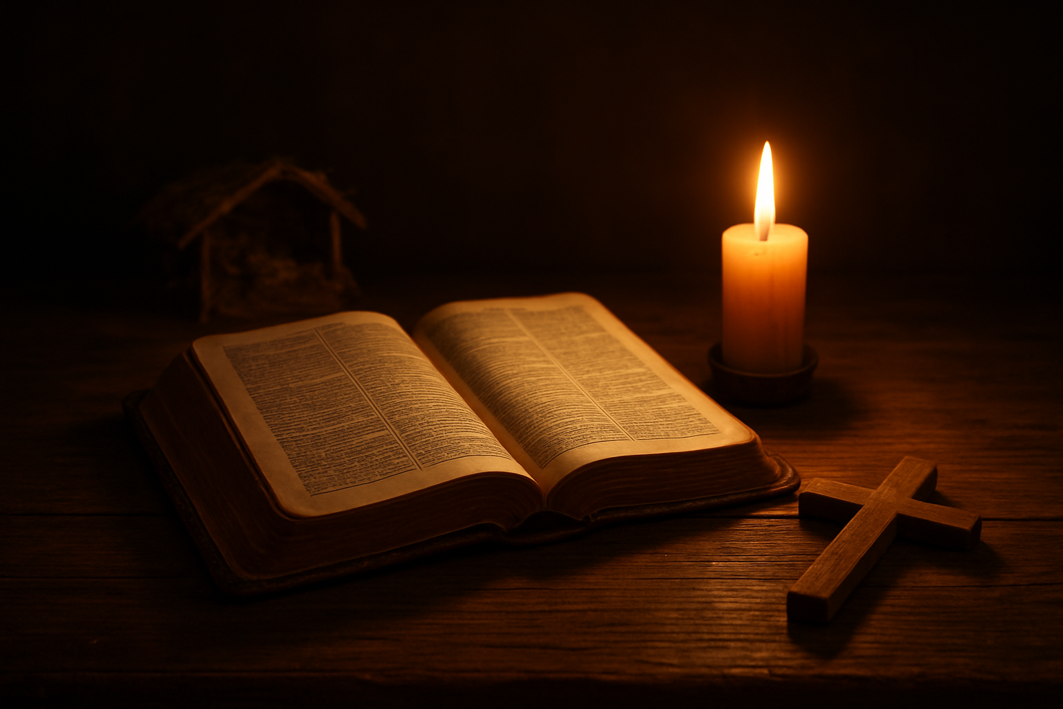 Create a realistic image of an open ancient Bible with worn leather binding resting on a wooden table, with warm golden candlelight illuminating the pages from a single candle positioned nearby, creating soft shadows and a reverent atmosphere, with a simple wooden cross lying beside the Bible, surrounded by subtle nativity scene elements like a small wooden manger in the background, all set against a dark, peaceful background that emphasizes the sacred and contemplative mood, absolutely NO text should be in the scene.