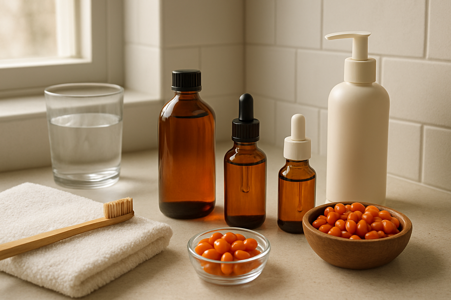 Create a realistic image of a modern bathroom counter with various sea buckthorn products arranged elegantly - orange sea buckthorn oil bottles, skincare serums, capsules, and dried sea buckthorn berries in a small wooden bowl, alongside morning routine items like a toothbrush, face towel, and water glass, with soft natural lighting from a nearby window creating a warm, inviting wellness atmosphere, absolutely NO text should be in the scene.