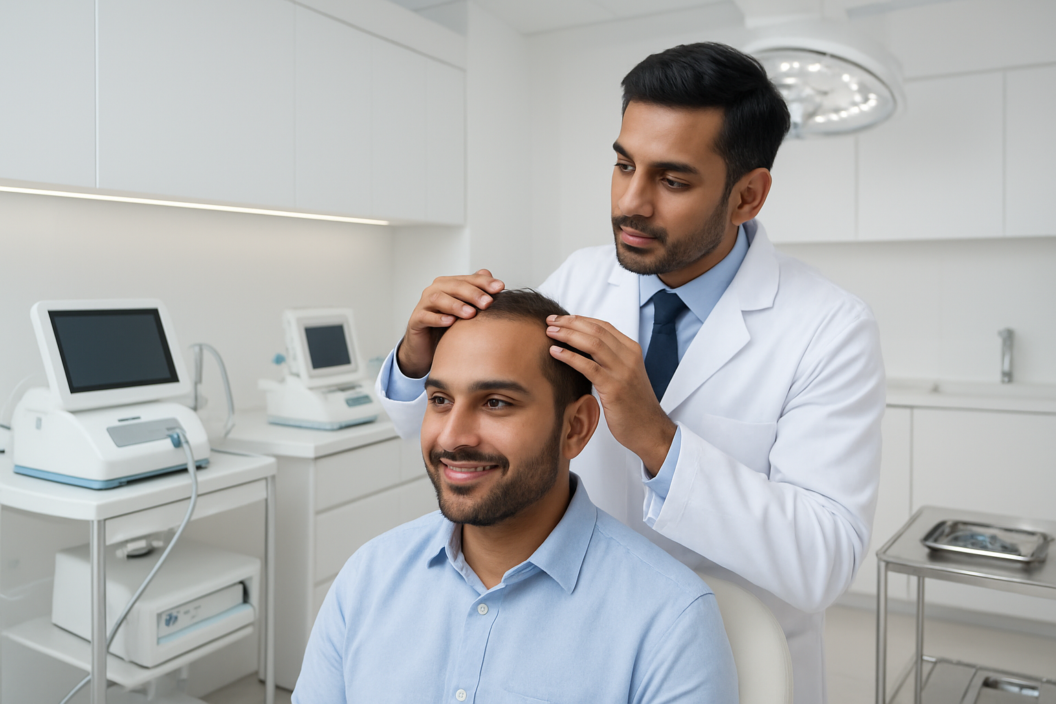 Create a realistic image of a modern, clean medical clinic interior showcasing DHI hair transplant benefits with a professional South Asian male doctor in white coat examining a satisfied South Asian male patient's hairline, advanced DHI hair transplant equipment visible on medical tables, sterile clinical environment with bright white walls, professional medical lighting, comfortable patient chair, and subtle medical instruments arranged neatly, conveying trust and medical expertise in a calm, reassuring atmosphere, absolutely NO text should be in the scene.