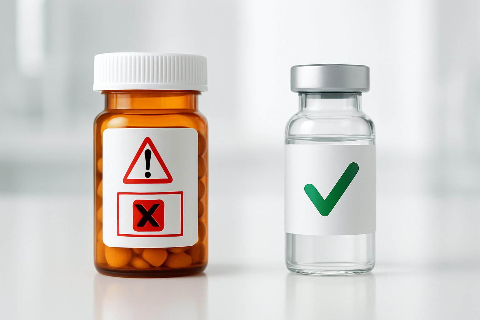 Create a realistic image of a split-screen comparison showing on the left side a traditional pharmaceutical pill bottle with warning labels and red caution symbols, and on the right side a modern biopharmaceutical vial with a clean, safe green checkmark symbol, set against a clean white laboratory background with soft, bright lighting that emphasizes the contrast between the two approaches to medicine, absolutely NO text should be in the scene.