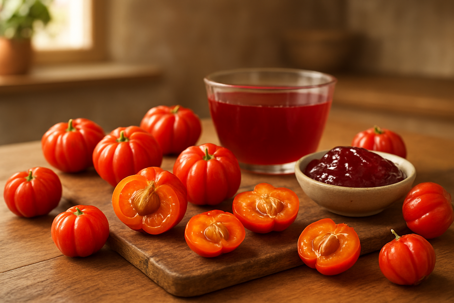 Create a realistic image of fresh Surinam cherries displayed on a rustic wooden cutting board alongside various culinary preparations including a glass bowl of bright red cherry juice, a small ceramic dish of cherry jam, and sliced cherries revealing their distinctive ribbed texture and seeds, with some whole cherries scattered around showing their vibrant red-orange color and unique pumpkin-like shape, set against a warm kitchen background with soft natural lighting from a nearby window, capturing the exotic fruit's culinary versatility and appeal, absolutely NO text should be in the scene.