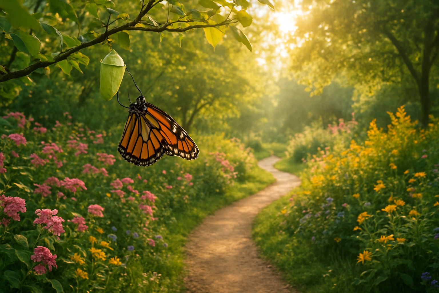 Create a realistic image of a serene garden path winding through blooming flowers and lush greenery, with a butterfly emerging from its chrysalis on a nearby branch, golden morning sunlight filtering through leaves creating a warm, hopeful atmosphere that symbolizes personal growth and transformation, with soft shadows and gentle lighting emphasizing renewal and new beginnings, absolutely NO text should be in the scene.
