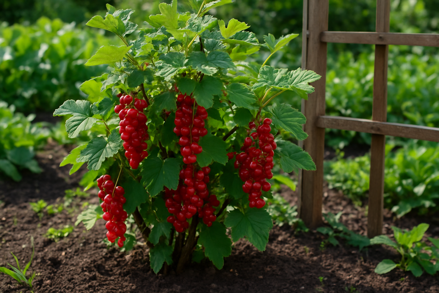 Create a realistic image of a thriving red currant bush in a well-maintained home garden setting, showing clusters of bright red translucent berries hanging from green branches with serrated leaves, planted in rich dark soil with a wooden garden trellis or support structure nearby, surrounded by other garden plants and vegetables in the background, captured in natural daylight with soft shadows, conveying a sense of successful homegrown cultivation and abundant harvest, absolutely NO text should be in the scene.