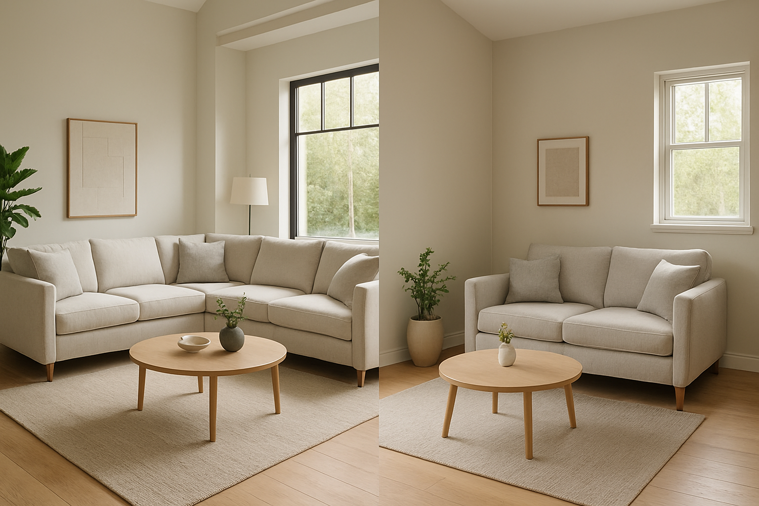 Create a realistic image of a modern living room interior showing two different sofa arrangements to demonstrate proper sizing for spaces - one side featuring a large sectional sofa in a spacious room with high ceilings and open layout, and the other side showing a compact two-seater sofa in a smaller cozy room, both rooms have contemporary decor with neutral color schemes, natural lighting from windows, wooden floors, coffee tables, and decorative plants, emphasizing the importance of choosing appropriately sized furniture for different room dimensions, warm and inviting atmosphere, absolutely NO text should be in the scene.