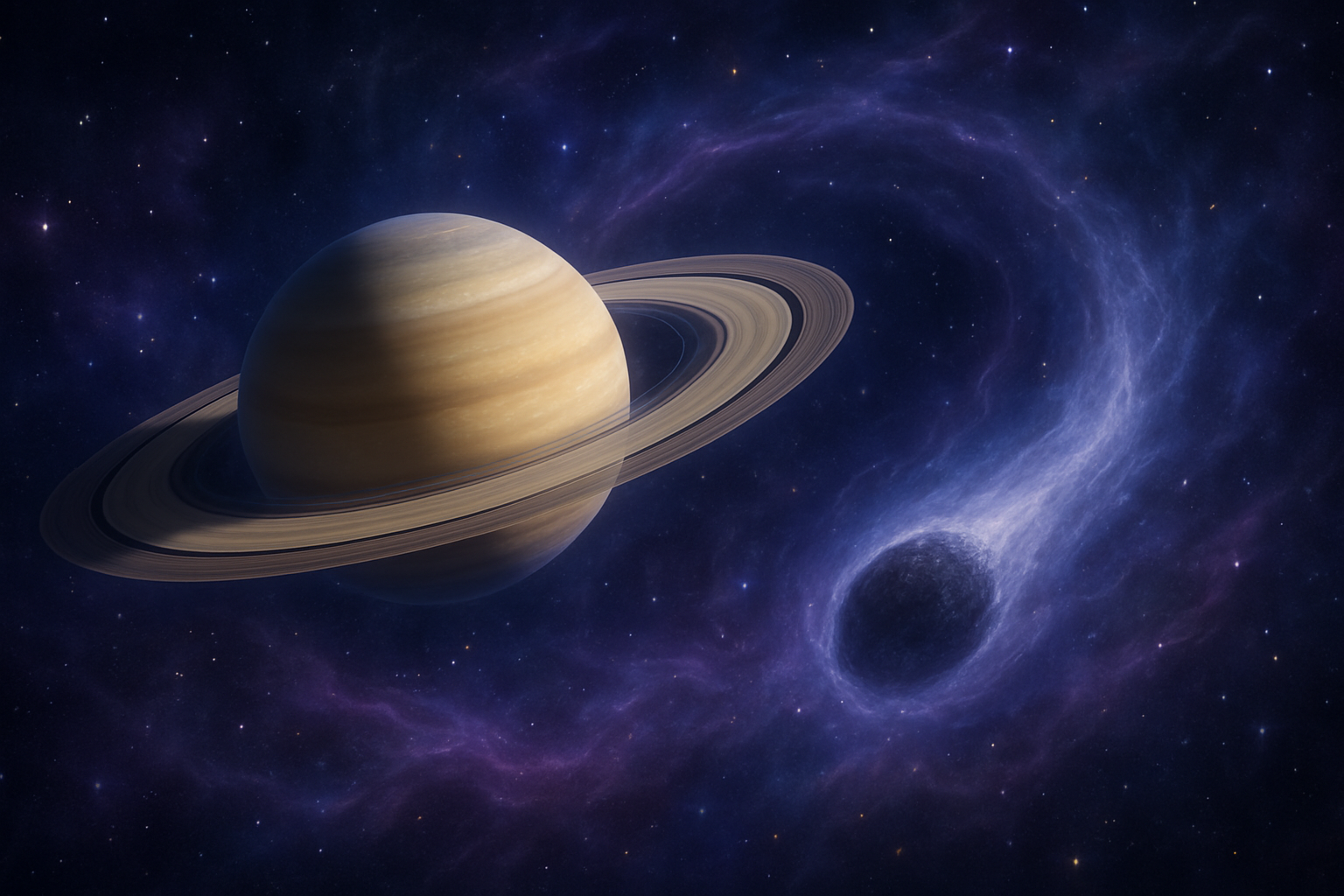 Create a realistic image of a mystical astrological scene featuring Saturn planet with its distinctive rings prominently displayed in a cosmic setting, surrounded by swirling celestial energy and stardust, with Ketu represented as a shadowy comet-like celestial body with a glowing tail nearby, set against a deep space background filled with twinkling stars and nebula clouds in purple and blue hues, creating a spiritual and mystical atmosphere with soft ethereal lighting that highlights the planetary alignments, absolutely NO text should be in the scene.