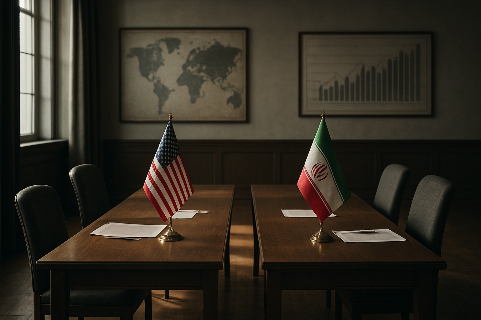 Create a realistic image of a somber diplomatic scene showing two empty negotiation tables with American and Iranian flags positioned across from each other in a formal conference room, with world maps and economic charts visible on the walls in the background, soft natural lighting streaming through large windows creating shadows on the polished wooden floor, conveying a sense of tension and unresolved conflict, with scattered official documents on the tables suggesting stalled negotiations, absolutely NO text should be in the scene.