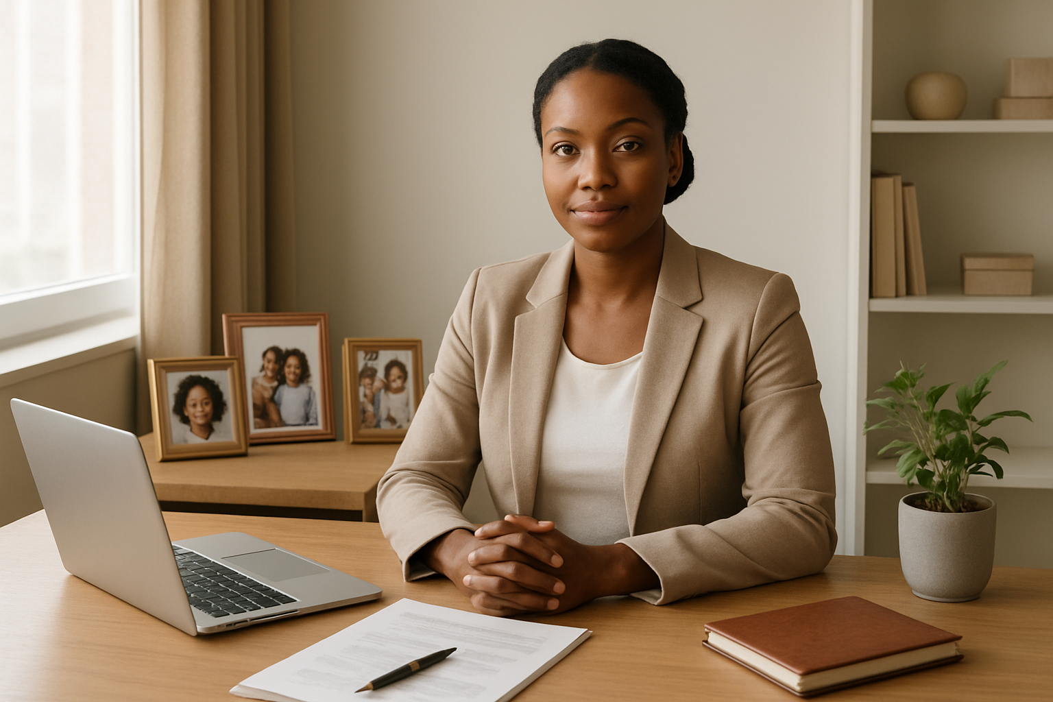 Create a realistic image of a professional black woman in her 30s sitting at a clean, organized desk with clearly separated sections - one area with work documents and laptop, another with family photos, and a third with personal items like a journal and plant, symbolizing distinct boundaries between different life areas, warm natural lighting from a window, calm and balanced atmosphere, modern home office setting with neutral colors, the woman appears confident and serene, absolutely NO text should be in the scene.