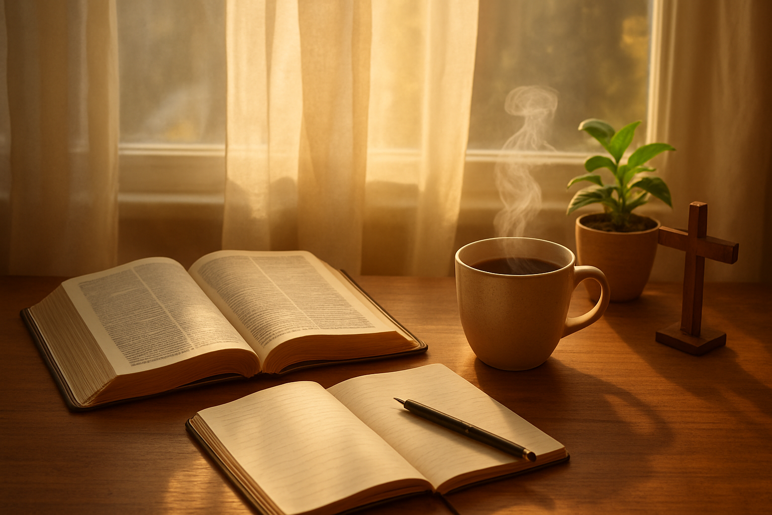 Create a realistic image of a peaceful morning scene with an open Bible and journal on a wooden table next to a window, soft golden sunlight streaming through sheer curtains illuminating the pages, a steaming cup of coffee beside the books, a small potted plant with green leaves, and a simple wooden cross casting a gentle shadow on the table surface, creating a serene atmosphere of ongoing spiritual devotion and daily practice, with warm natural lighting and a calm, contemplative mood. Absolutely NO text should be in the scene.