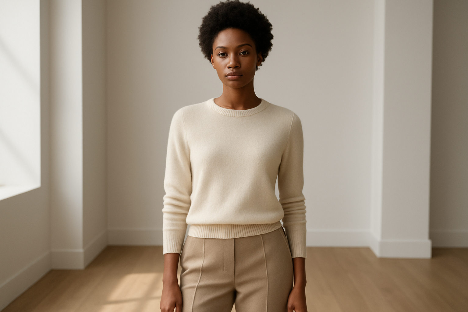 Create a realistic image of a young black female Gen Z model wearing an elegant cream-colored cashmere sweater and tailored beige trousers, standing in a minimalist modern interior with clean white walls, natural wood flooring, and subtle natural lighting from large windows, featuring high-quality fabrics with understated luxury details like refined stitching and premium textures, soft neutral color palette of whites, beiges, and warm grays, serene and sophisticated atmosphere with geometric shadows, absolutely NO text should be in the scene.