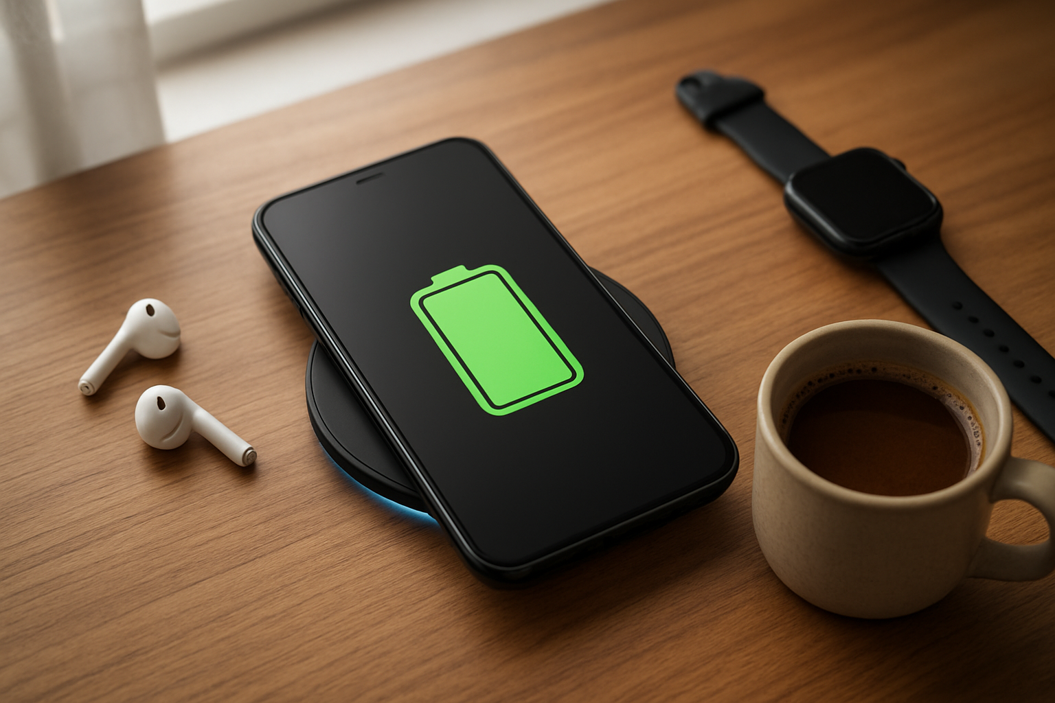 Create a realistic image of a sleek Google Pixel 10 Pro smartphone displaying a 100% battery icon on its screen, positioned on a modern wooden desk next to a wireless charging pad with a subtle blue glow, surrounded by various daily essentials like wireless earbuds, a smartwatch, and a coffee cup, with soft natural lighting from a nearby window creating gentle shadows, conveying a sense of reliability and continuous power throughout a busy day, absolutely NO text should be in the scene.