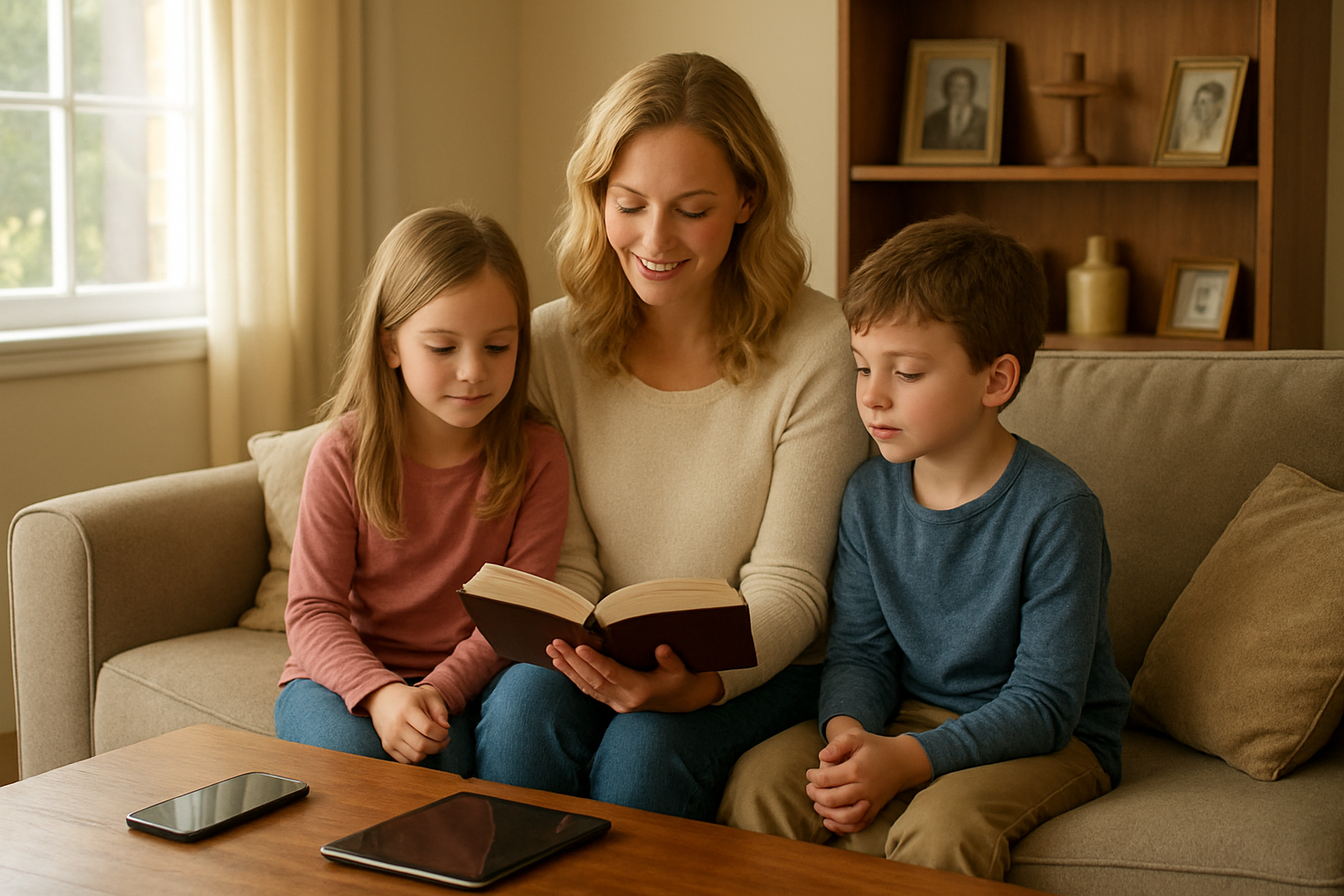 Create a realistic image of a warm family living room scene with a white mother sitting on a couch reading a book to her two children, while modern technology devices like smartphones and tablets are placed aside on a coffee table, natural sunlight streaming through windows creating a peaceful atmosphere, with traditional family photos and religious symbols subtly visible on shelves in the background, emphasizing the balance between contemporary life and timeless values, absolutely NO text should be in the scene.
