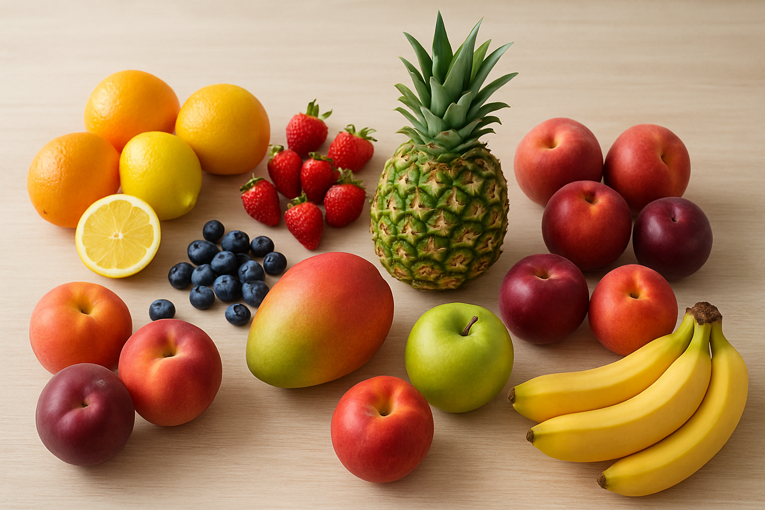 Create a realistic image of various categories of fresh fruits artfully arranged in distinct groups on a clean wooden surface, including citrus fruits like oranges and lemons, berries such as strawberries and blueberries, tropical fruits like pineapple and mango, stone fruits including peaches and plums, and apples with bananas, each category clearly separated to showcase their unique characteristics, with soft natural lighting from above creating gentle shadows, bright vibrant colors highlighting the freshness and nutritional appeal of each fruit type, shot from a slightly elevated angle against a neutral light background, absolutely NO text should be in the scene.