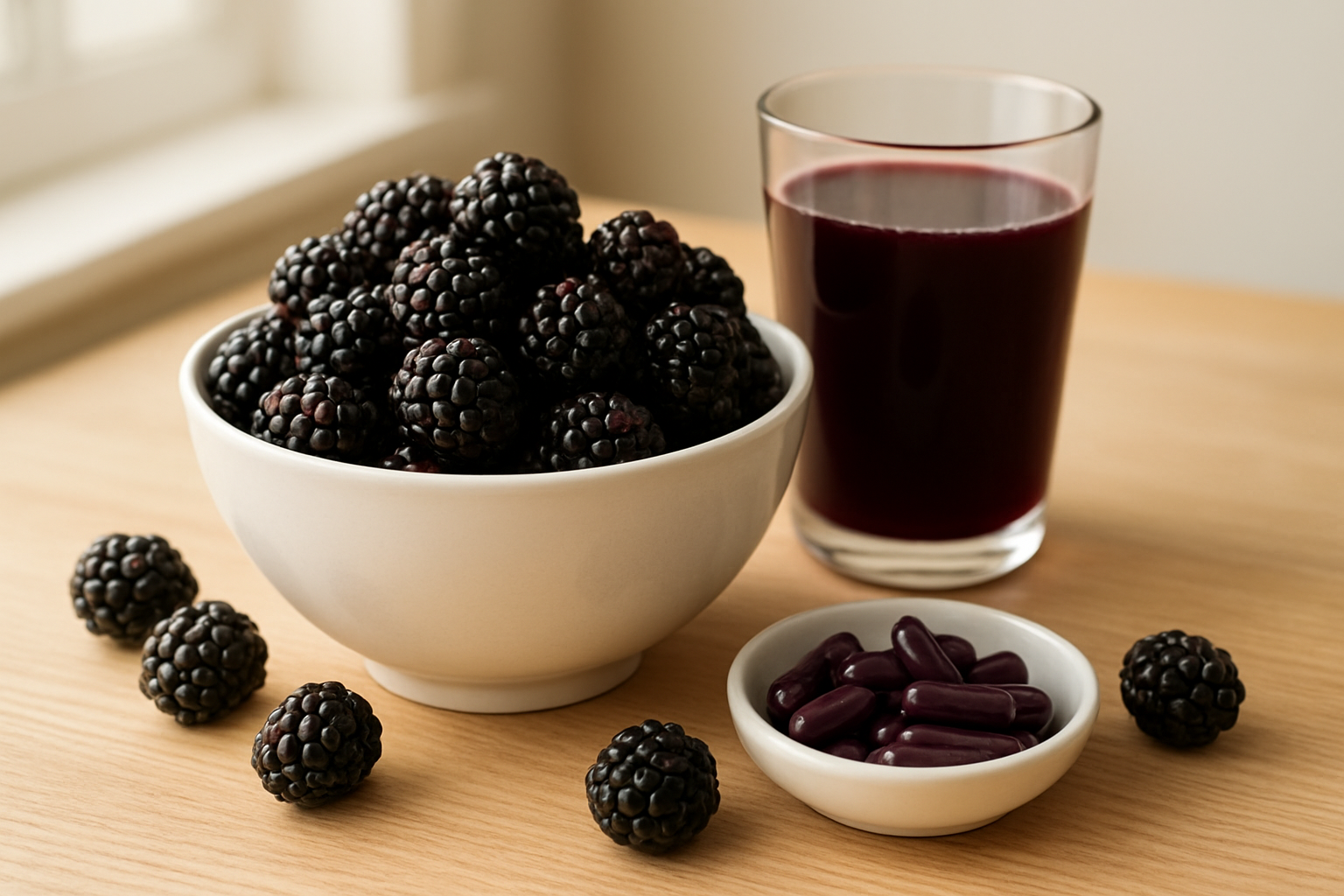 Create a realistic image of fresh dark purple marionberries arranged in a white ceramic bowl on a clean wooden table, with a few berries scattered around the bowl, alongside a glass of deep purple marionberry juice and a small dish containing marionberry supplement capsules, with soft natural lighting from a nearby window creating gentle shadows, emphasizing the rich color and texture of the berries to showcase their nutritional value, absolutely NO text should be in the scene.