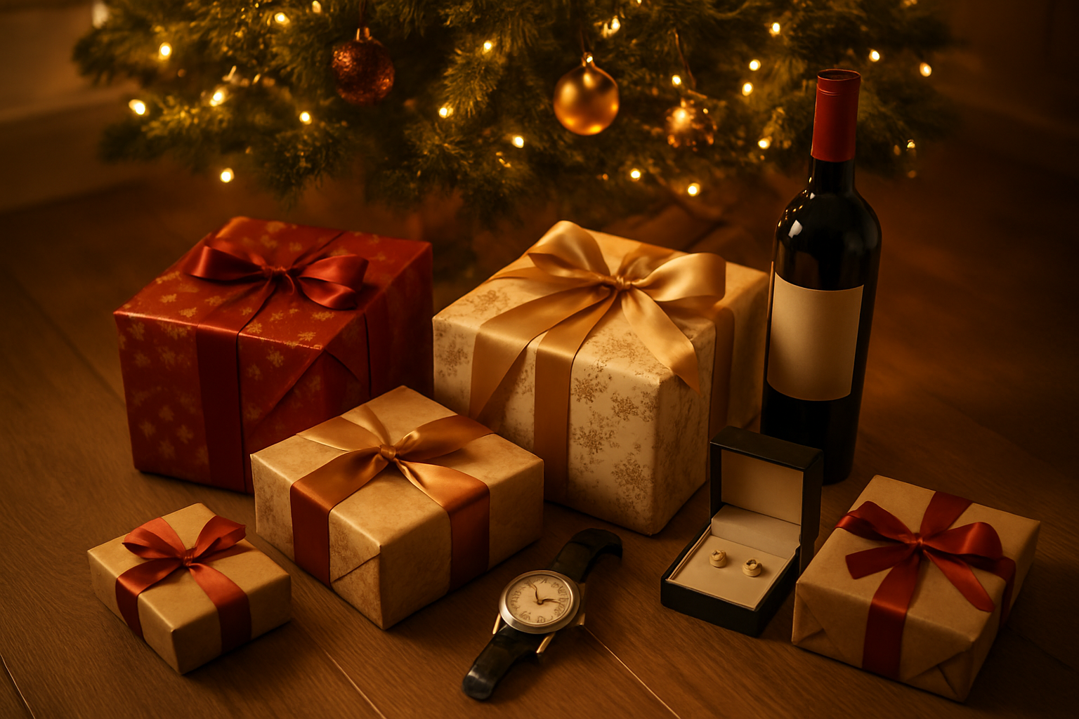 Create a realistic image of beautifully wrapped Christmas gifts in elegant wrapping paper with ribbons and bows arranged under a decorated Christmas tree, with warm golden lighting from string lights creating a cozy festive atmosphere, alongside a few unwrapped luxury items like a watch, jewelry box, and wine bottle suggesting thoughtful gift-giving, shot from a slightly elevated angle showing the complete gift arrangement on a wooden floor with soft shadows, absolutely NO text should be in the scene.