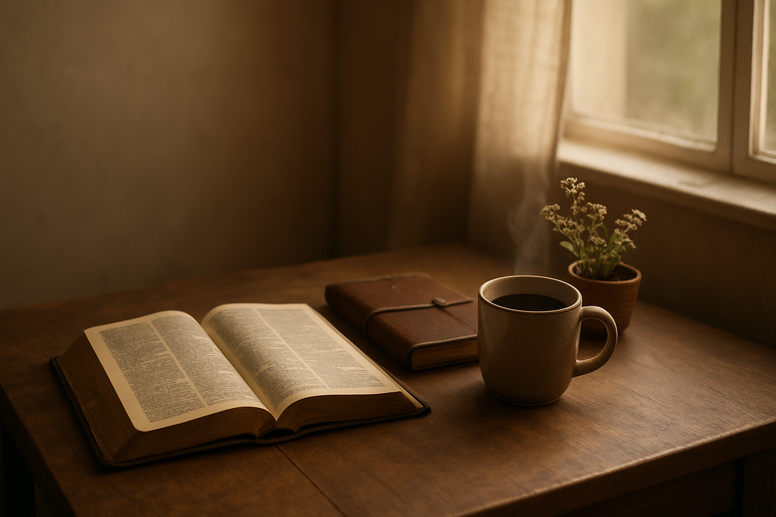 Create a realistic image of a serene indoor setting with an open Bible placed on a wooden table alongside a leather-bound journal, a steaming cup of coffee, and a small potted plant with delicate flowers, soft natural light streaming through a nearby window creating gentle shadows, peaceful and contemplative atmosphere perfect for prayer and study, warm earth tones throughout the scene, absolutely NO text should be in the scene.