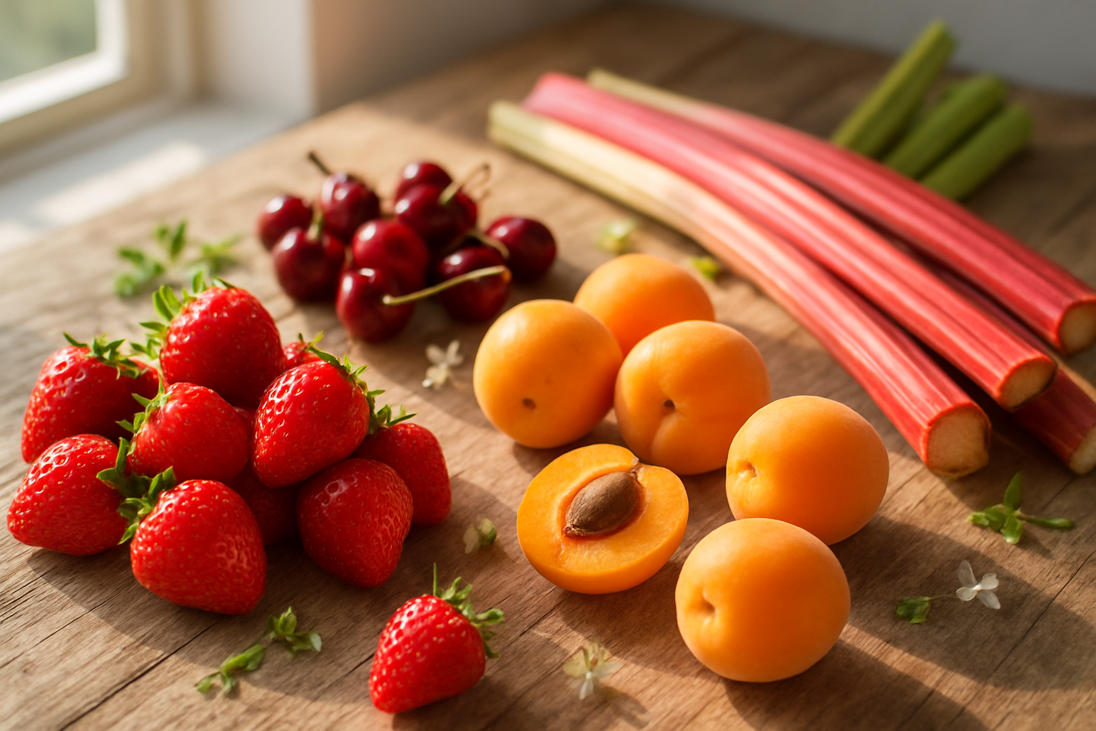 Create a realistic image of a vibrant collection of fresh spring fruits including strawberries, apricots, early cherries, and rhubarb stalks arranged on a rustic wooden table, with soft natural morning sunlight streaming through a nearby window, creating gentle shadows and highlighting the bright colors and textures of the seasonal produce, surrounded by subtle hints of spring like small green leaves or flower petals, conveying a sense of renewal and energy after winter, with a clean and bright atmosphere that emphasizes freshness and vitality, absolutely NO text should be in the scene.