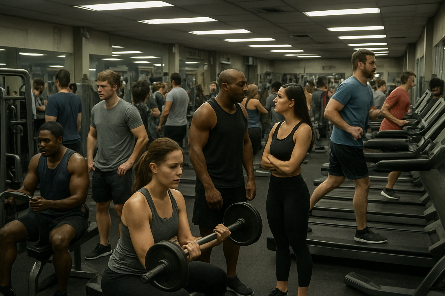 Create a realistic image of a busy traditional gym interior with rows of heavy weightlifting equipment, treadmills, and exercise machines, showing a crowded scene with people of diverse backgrounds including white and black males and females wearing workout attire, some waiting in line for equipment while others are actively exercising, fluorescent lighting casting bright artificial light throughout the space, conveying a sense of inconvenience through the crowded and somewhat chaotic atmosphere, absolutely NO text should be in the scene.