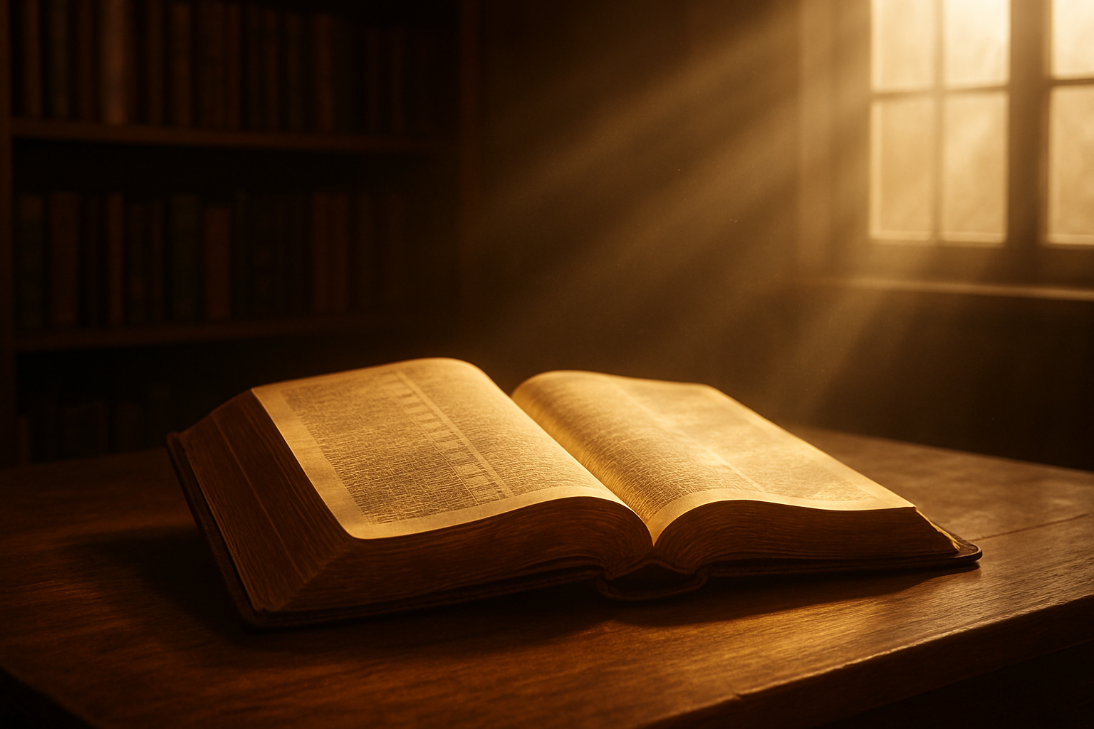 Create a realistic image of an open ancient Bible with golden pages gently glowing, resting on a wooden table with soft warm light streaming through a window, creating a peaceful and reverent atmosphere with subtle rays of sunlight illuminating the sacred text, surrounded by a quiet study environment with wooden shelves in the background, emphasizing the foundational and divine nature of scripture, absolutely NO text should be in the scene.