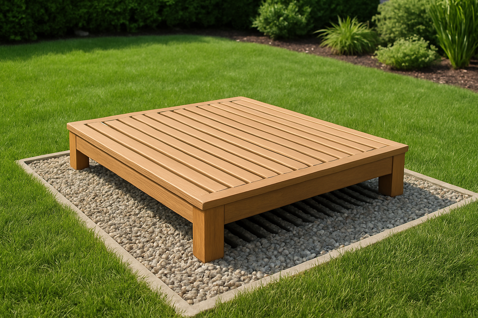 Create a realistic image of a modern raised wooden platform dog potty area in a well-maintained backyard, featuring a rectangular elevated deck structure with drainage gaps between the slats, surrounded by gravel for proper water runoff, with green grass and landscaping in the background, bright natural daylight illuminating the scene, showing the clean and organized design of the drainage system underneath the platform. Absolutely NO text should be in the scene.