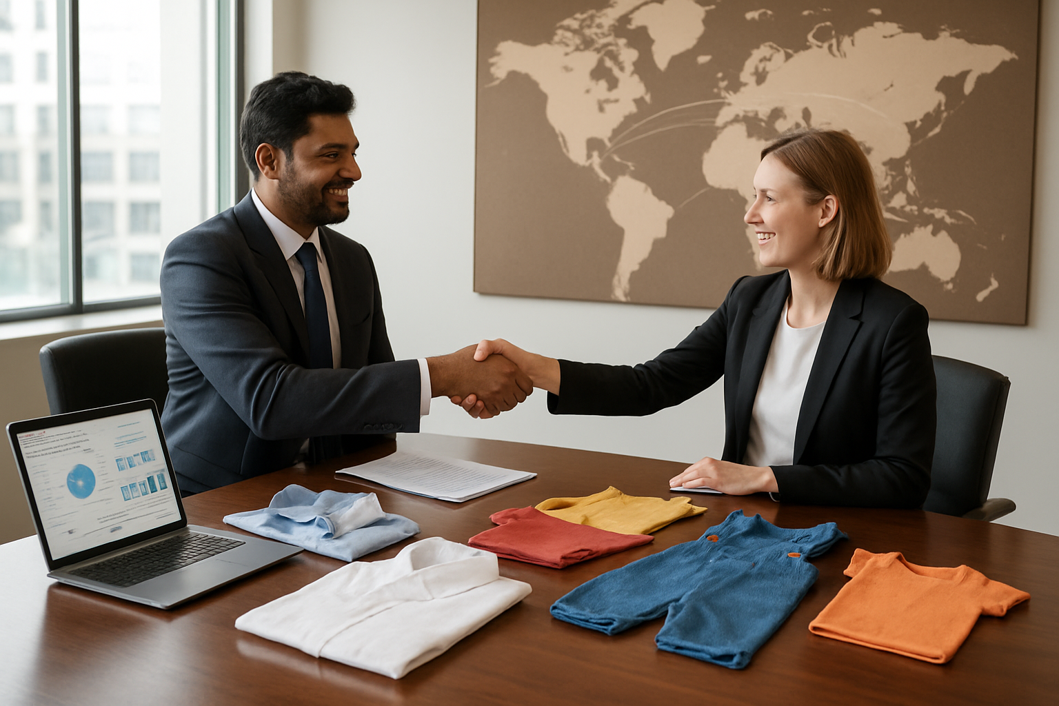 Create a realistic image of a modern professional office setting with a polished wooden conference table displaying fabric samples of premium shirts and colorful children