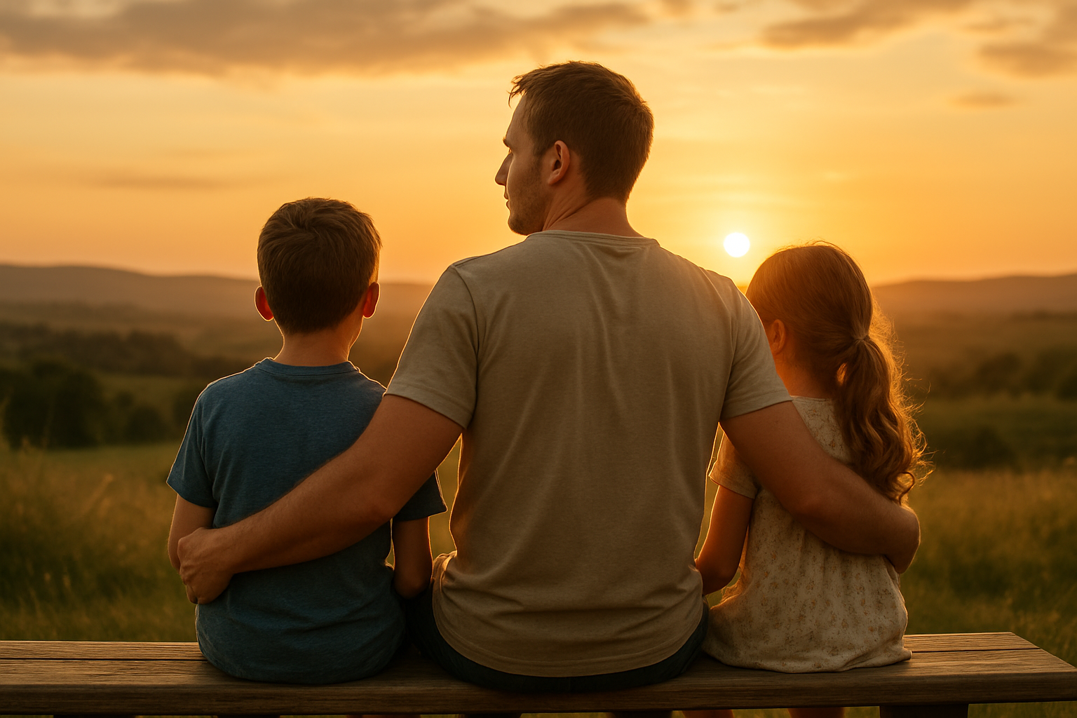 Create a realistic image of a white father in his 30s sitting outdoors on a wooden bench with his two children (a young white boy around 8 years old and a white girl around 6 years old) during golden hour sunset, with the father's arm gently around both children as they look toward a peaceful horizon with rolling hills and a warm sky, conveying a sense of guidance, protection, and hope for the future, with soft natural lighting creating a warm and serene family moment that represents spiritual leadership and fatherly wisdom. Absolutely NO text should be in the scene.