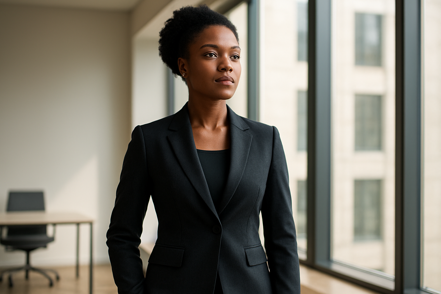 Create a realistic image of a confident black female professional standing tall with excellent posture in a modern office environment, wearing a well-tailored dark business suit, with her shoulders back and chin slightly raised displaying self-assured body language, natural lighting streaming through large windows creating a bright and empowering atmosphere, minimalist contemporary office background with clean lines, warm and inspiring mood conveying strength and authority, absolutely NO text should be in the scene.