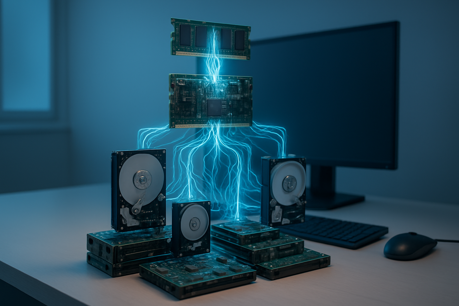 Create a realistic image of a sophisticated computer workstation with multiple interconnected memory storage devices including RAM modules, hard drives, and circuit boards arranged in an organized hierarchical structure, featuring glowing neural network pathways connecting different memory components, set against a clean modern tech workspace background with soft blue ambient lighting, showing the complex architecture of an AI memory system with data flowing between different storage layers. Absolutely NO text should be in the scene.