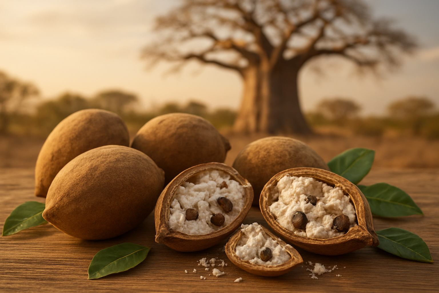 Create a realistic image of several whole baobab fruits with their distinctive oval shape and fuzzy brown exterior shells, alongside some opened baobab pods revealing the white powdery pulp and dark seeds inside, arranged on a natural wooden surface with a majestic African baobab tree with its characteristic thick trunk and sparse branches visible in the soft-focused background under warm golden sunlight, with some scattered baobab leaves nearby to show the natural origin and context of this superfruit, absolutely NO text should be in the scene.