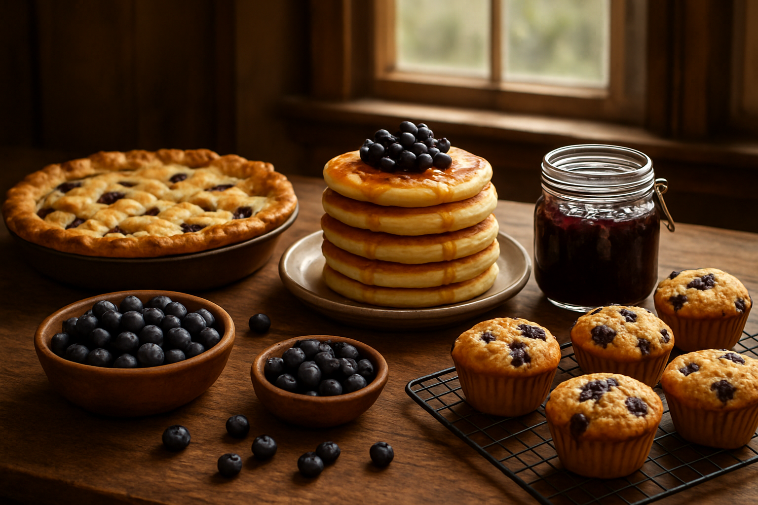 Create a realistic image of a rustic wooden kitchen table displaying various huckleberry culinary creations including a freshly baked huckleberry pie with golden crust, a stack of fluffy pancakes topped with huckleberries and syrup, a glass jar of huckleberry jam, fresh huckleberries scattered in a wooden bowl, and huckleberry muffins on a cooling rack, with warm natural lighting streaming through a kitchen window in the background creating a cozy homestyle cooking atmosphere, absolutely NO text should be in the scene.