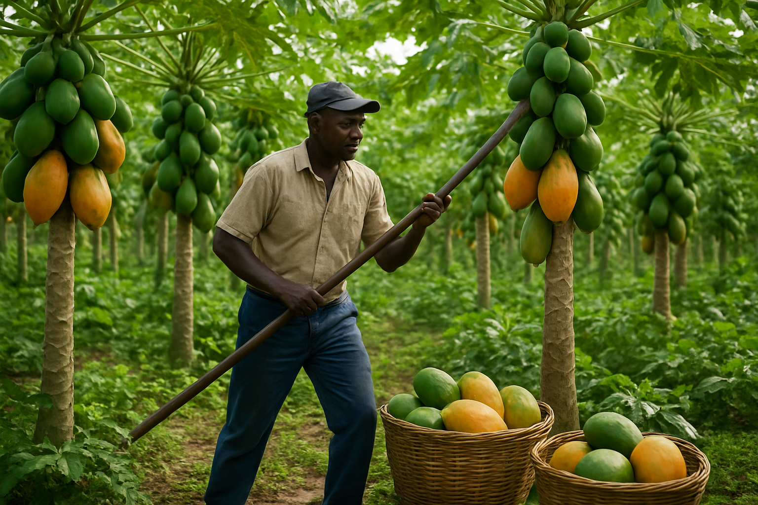 Create a realistic image of a lush papaya plantation with mature papaya trees bearing ripe orange and green papayas at different stages of growth, showing a black male farmer in work clothes carefully harvesting a large ripe papaya from a tree using a long harvesting pole, with baskets of freshly picked papayas on the ground nearby, set in a tropical agricultural setting with rich green foliage and natural sunlight filtering through the canopy, absolutely NO text should be in the scene.