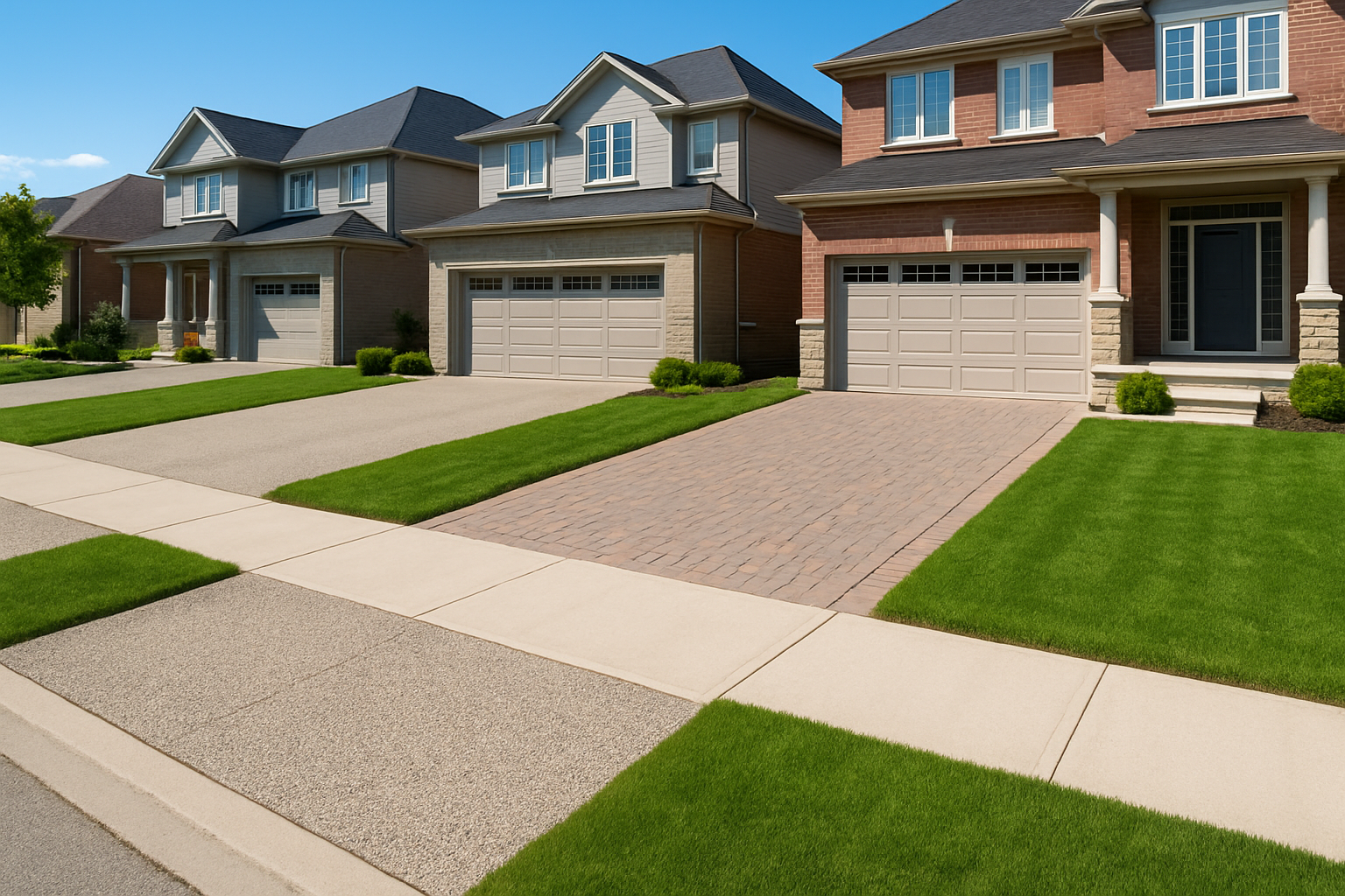 Create a realistic image of a suburban residential street in Markham showing side-by-side driveway comparison with four different materials: exposed aggregate concrete with visible small stones and texture, smooth plain concrete, interlocking brick pavers in a herringbone pattern, and black asphalt, each driveway leading to a modern two-story house, bright daylight with clear shadows, well-maintained landscaping with green grass borders and small shrubs, clean and professional appearance showcasing the different textures and colors of each driveway material, Absolutely NO text should be in the scene.