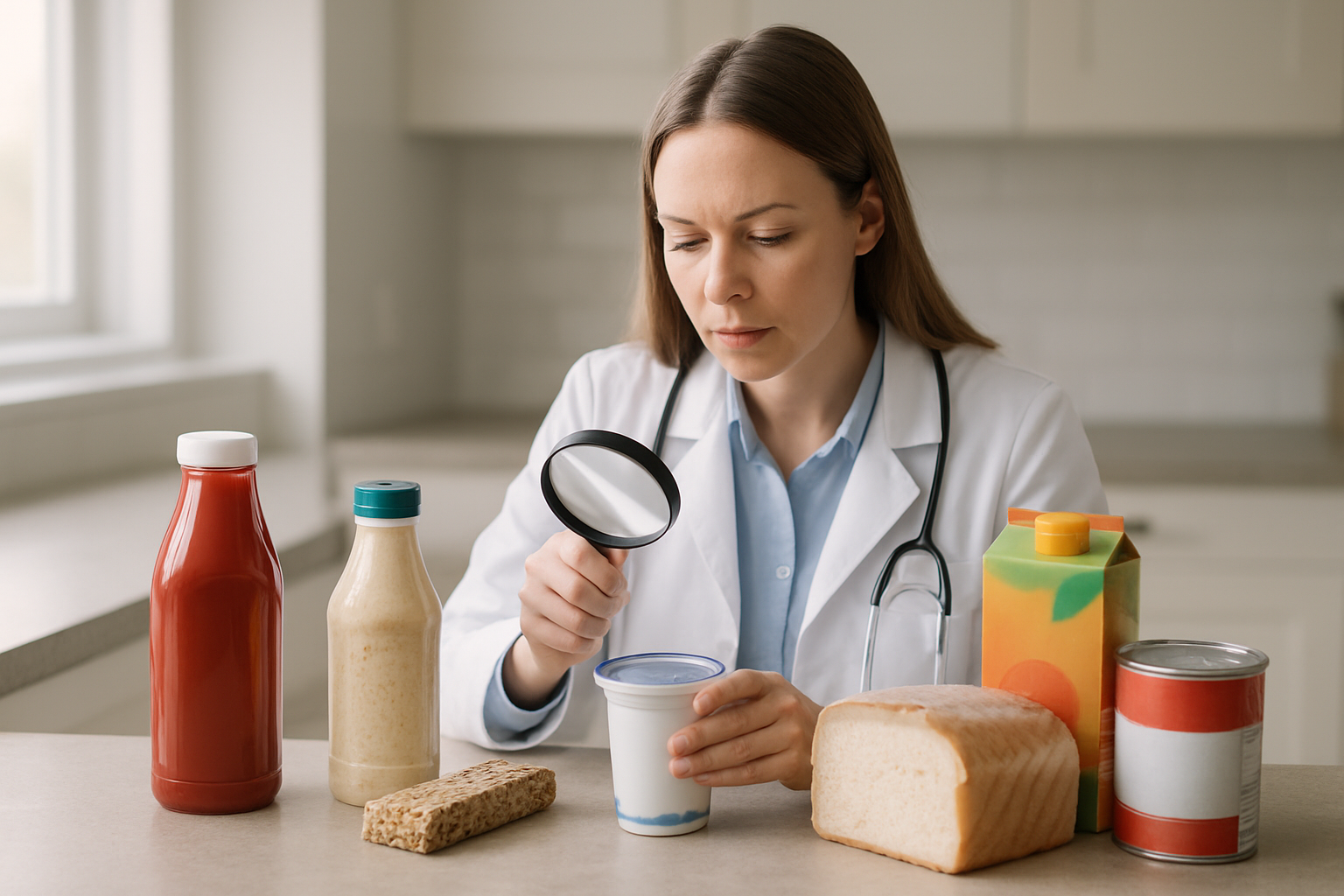 Create a realistic image of a kitchen counter displaying various common food products and beverages that contain hidden sugars, including a bottle of ketchup, salad dressing, yogurt container, granola bar, white bread loaf, fruit juice carton, and canned soup, with a white female nutritionist examining food labels with a magnifying glass, soft natural lighting from a nearby window illuminating the scene, clean modern kitchen background with neutral tones, educational and informative mood. Absolutely NO text should be in the scene.