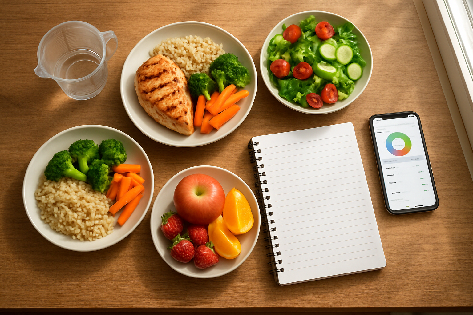 Create a realistic image of a wooden dining table viewed from above showing various plates with different portion sizes of healthy foods including grilled chicken, vegetables, rice, and fruits, with a food diary notebook open beside the plates, a measuring cup, and a smartphone displaying a food tracking app, all arranged in natural daylight from a window, creating a clean and organized atmosphere that represents analyzing current eating habits. Absolutely NO text should be in the scene.