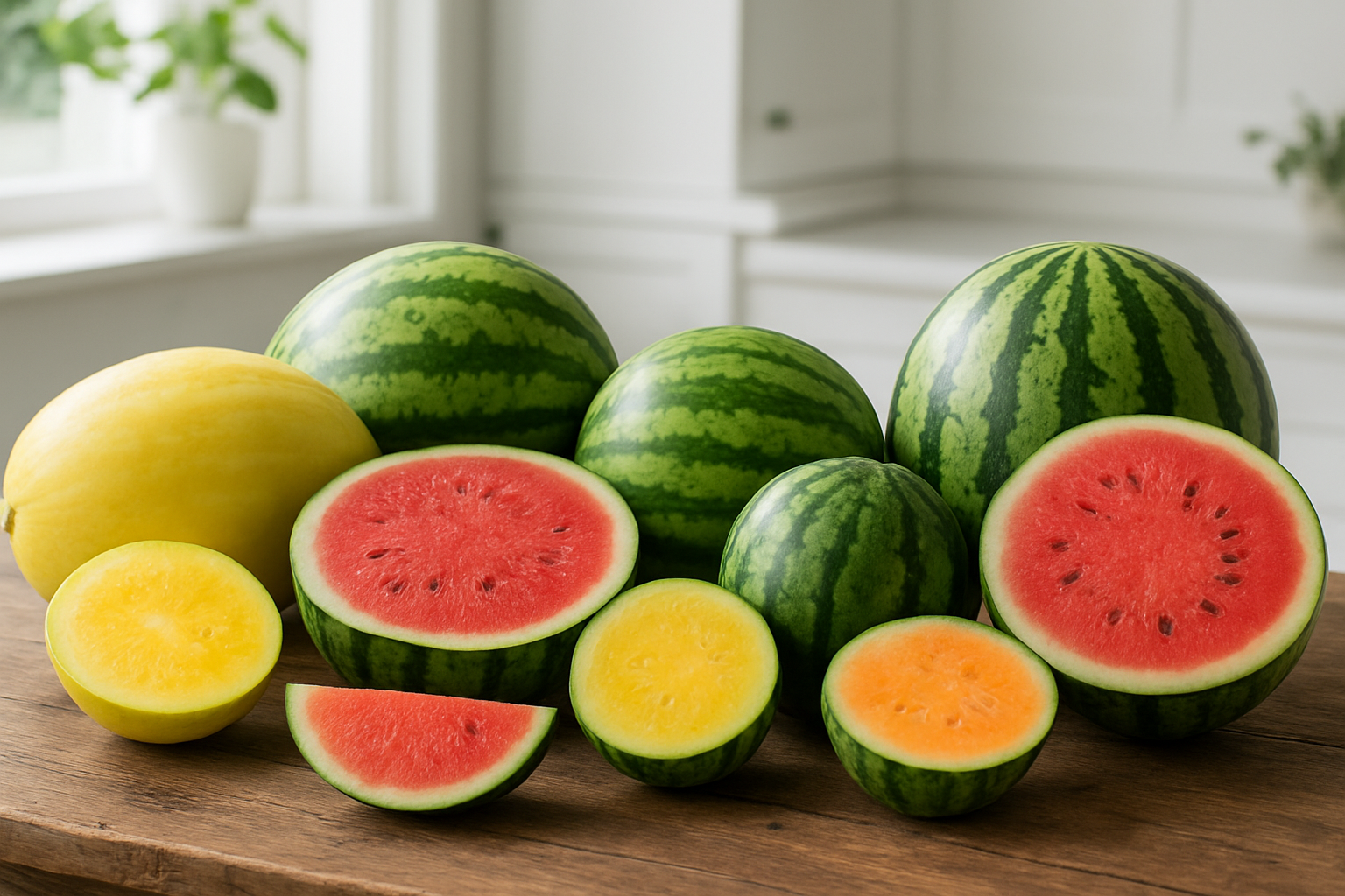 Create a realistic image of various popular watermelon varieties displayed side by side on a rustic wooden table, including round striped watermelons, oval yellow watermelons, small personal-sized watermelons, and seedless varieties, some cut open to show their different colored flesh ranging from red to yellow to orange, with natural daylight streaming through a window creating soft shadows, set against a clean white kitchen background with subtle green leafy accents, absolutely NO text should be in the scene.
