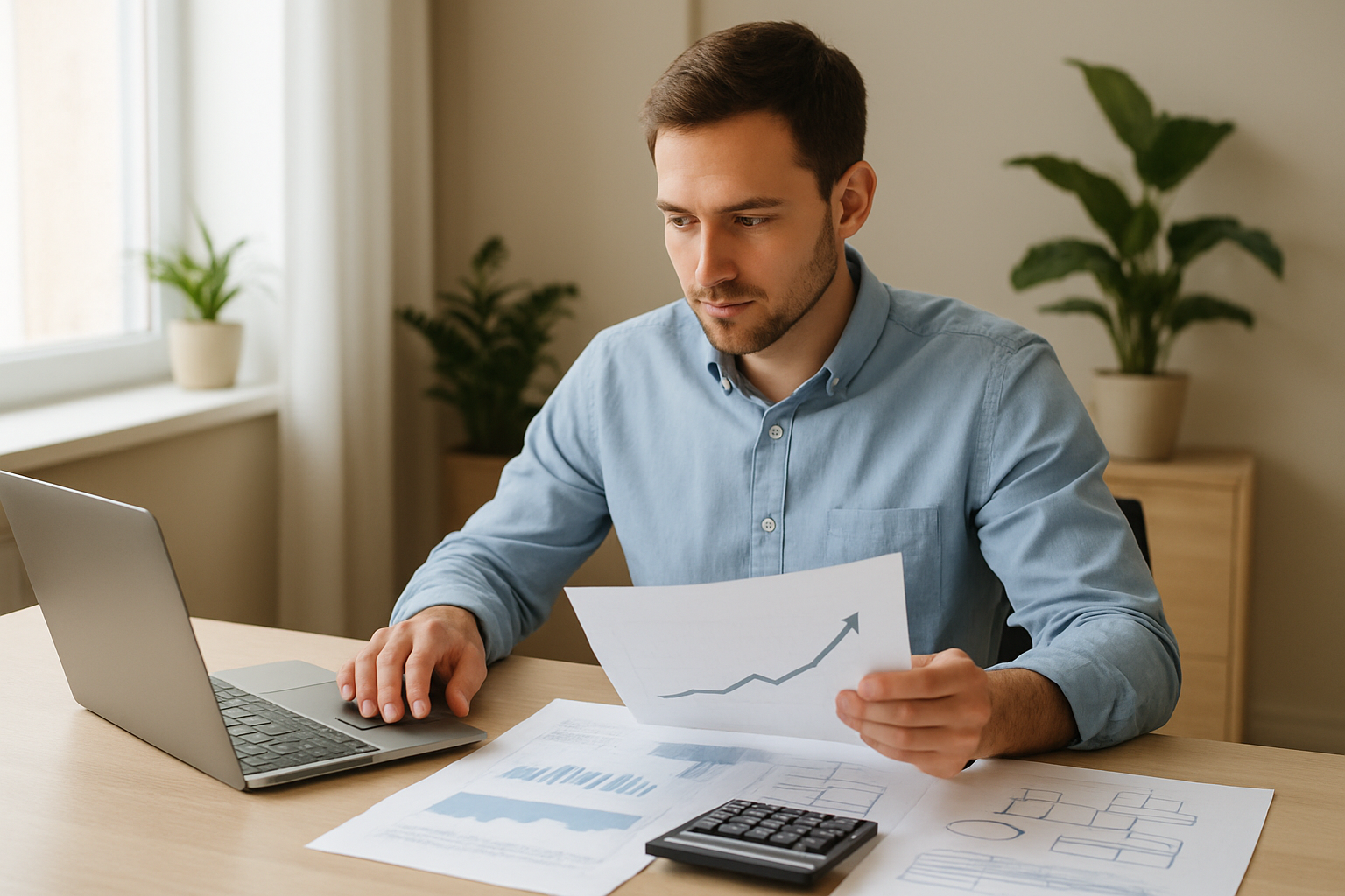 Create a realistic image of a white male in his 30s sitting at a clean modern desk with a laptop, calculator, and organized financial documents spread out, with upward-trending arrow graphics and flow charts visible on papers, bright natural lighting from a window, plants in the background creating a calm productive atmosphere, the person appearing focused and confident while reviewing financial data, warm professional indoor setting with neutral colors. Absolutely NO text should be in the scene.
