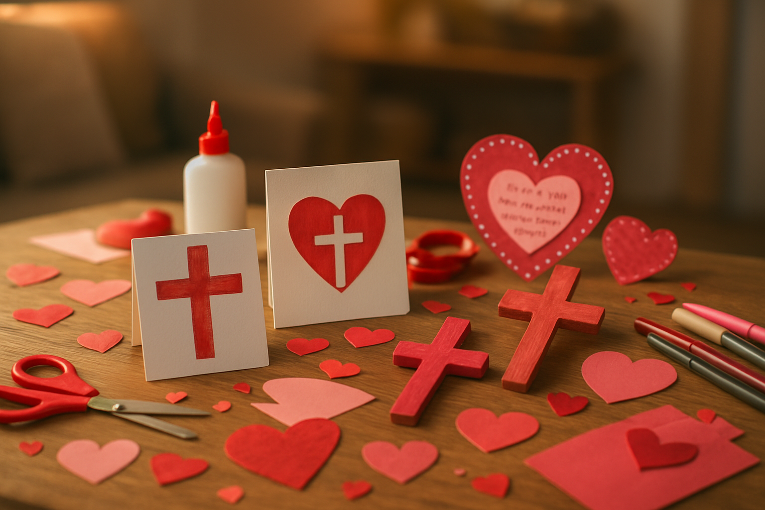 Create a realistic image of a craft table with various DIY Valentine's projects featuring Christian themes, including handmade cards with cross designs, heart-shaped decorations with Bible verses, red and pink paper crafts, wooden crosses painted with valentine colors, craft supplies like scissors, glue, ribbons, and markers scattered around, warm indoor lighting creating a cozy crafting atmosphere, soft focus background showing a comfortable home workspace, Absolutely NO text should be in the scene.