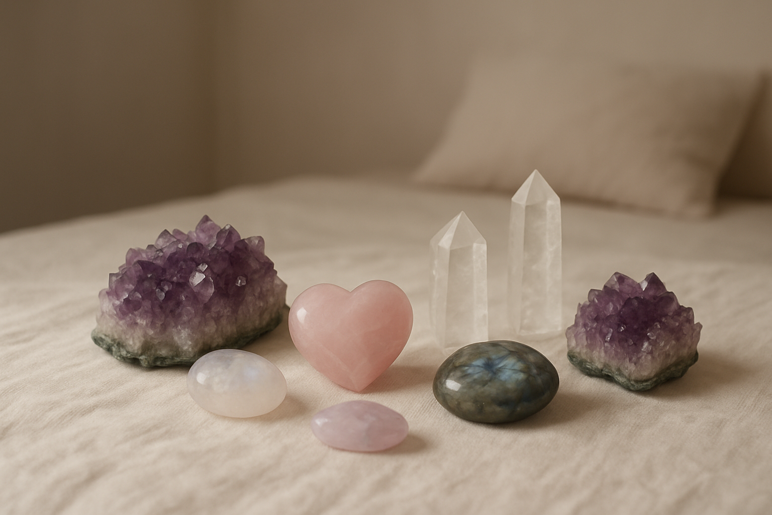 Create a realistic image of a carefully arranged collection of various sleep-enhancing crystals including amethyst clusters, moonstone, rose quartz, clear quartz points, and labradorite stones displayed on a soft white linen fabric surface, with gentle warm ambient lighting creating subtle shadows and highlighting the natural textures and colors of each crystal, set against a minimalist bedroom background with muted tones, creating a peaceful and calming atmosphere that emphasizes the healing properties of each stone, absolutely NO text should be in the scene.