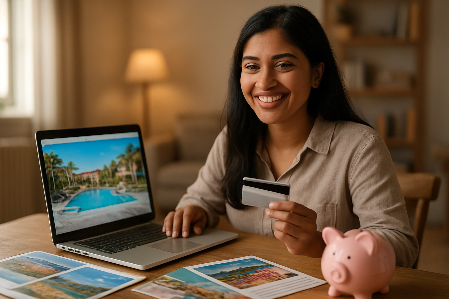 realistic image of a smiling South Asian female traveler sitting at a wooden desk with a laptop open showing a travel booking website, holding a credit card in one hand, surrounded by travel brochures and a small piggy bank, with a cozy well-lit room in the background suggesting smart budgeting and travel planning, warm and optimistic mood with soft natural lighting highlighting the savings and excitement of booking a discounted resort vacation. Absolutely NO text should be in the scene.